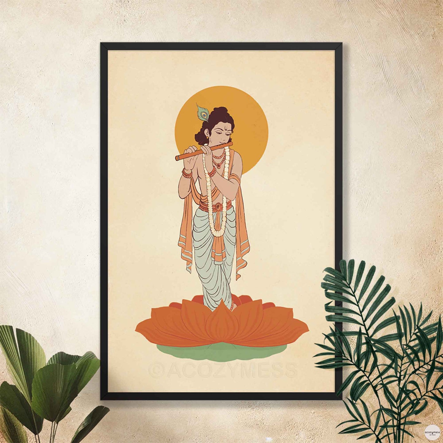 Krishna wall art poster in black frame.
