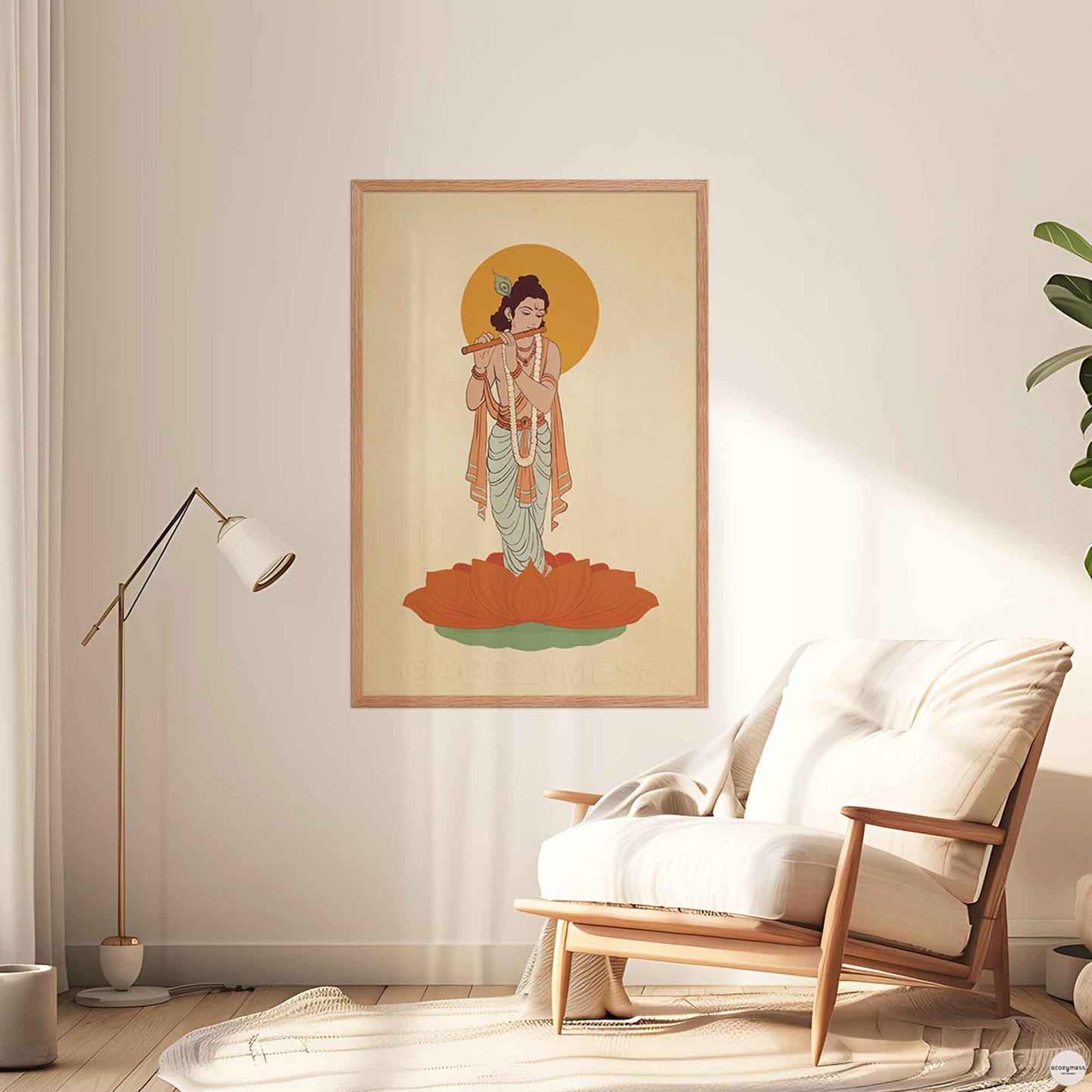 Krishna wall art poster in oakwood frame on a living room wall