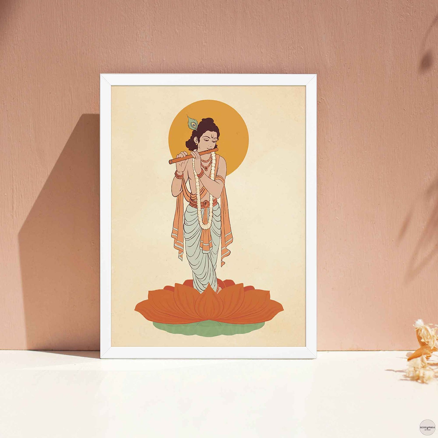 Krishna wall art poster in white frame.