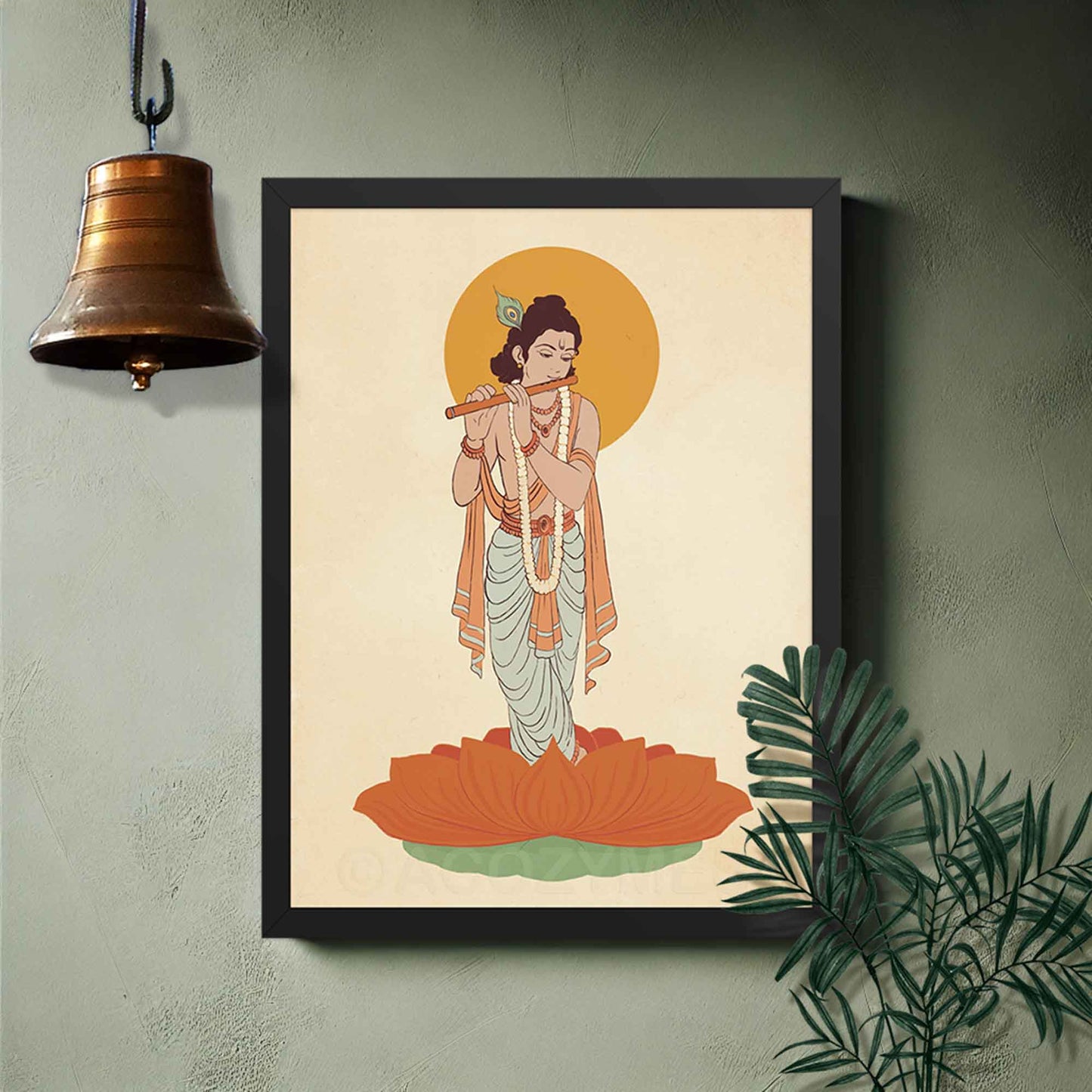 Krishna wall art poster in black frame for puja room decor