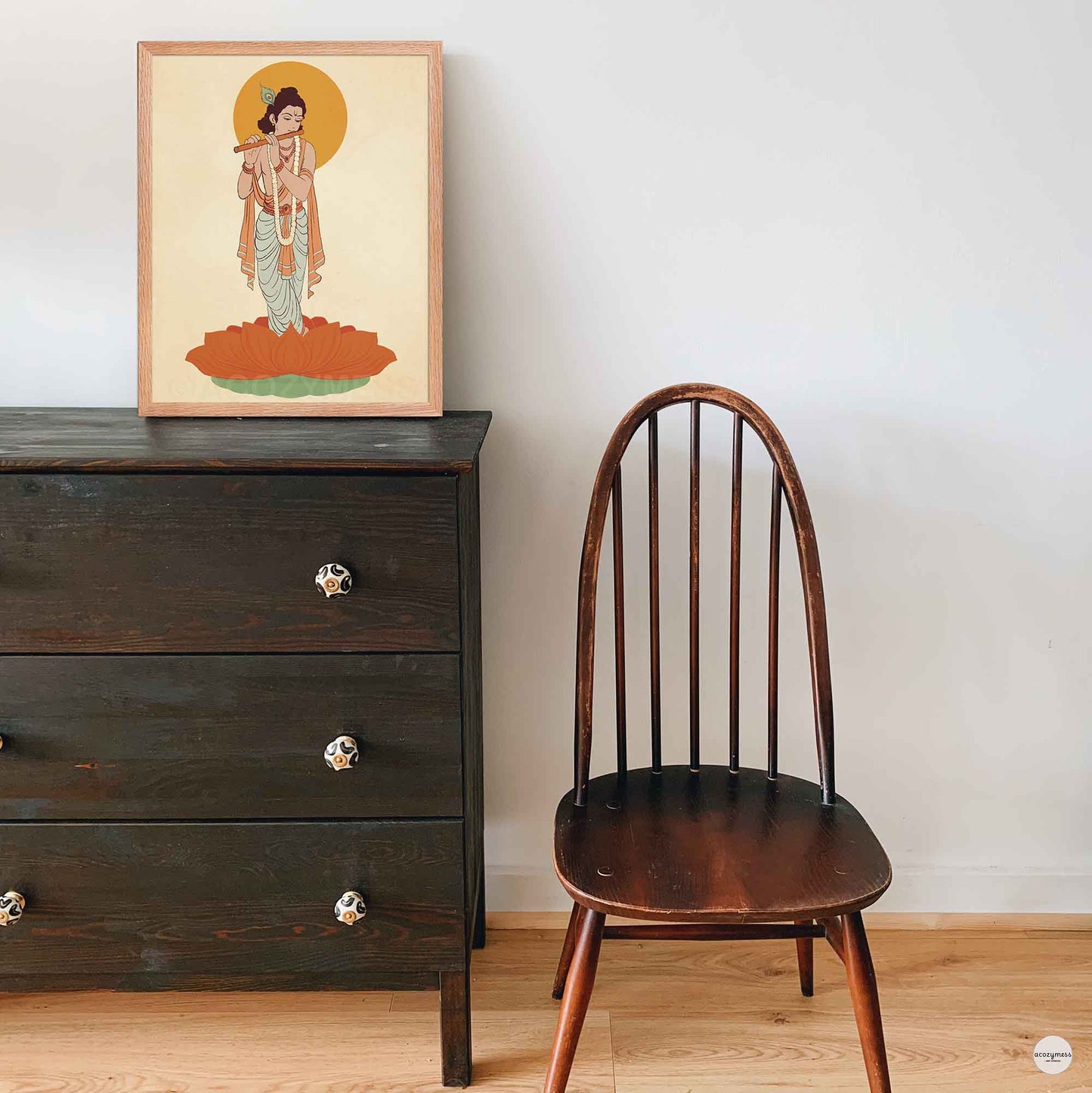 Krishna wall art poster in oakwood frame as hindu wall art.