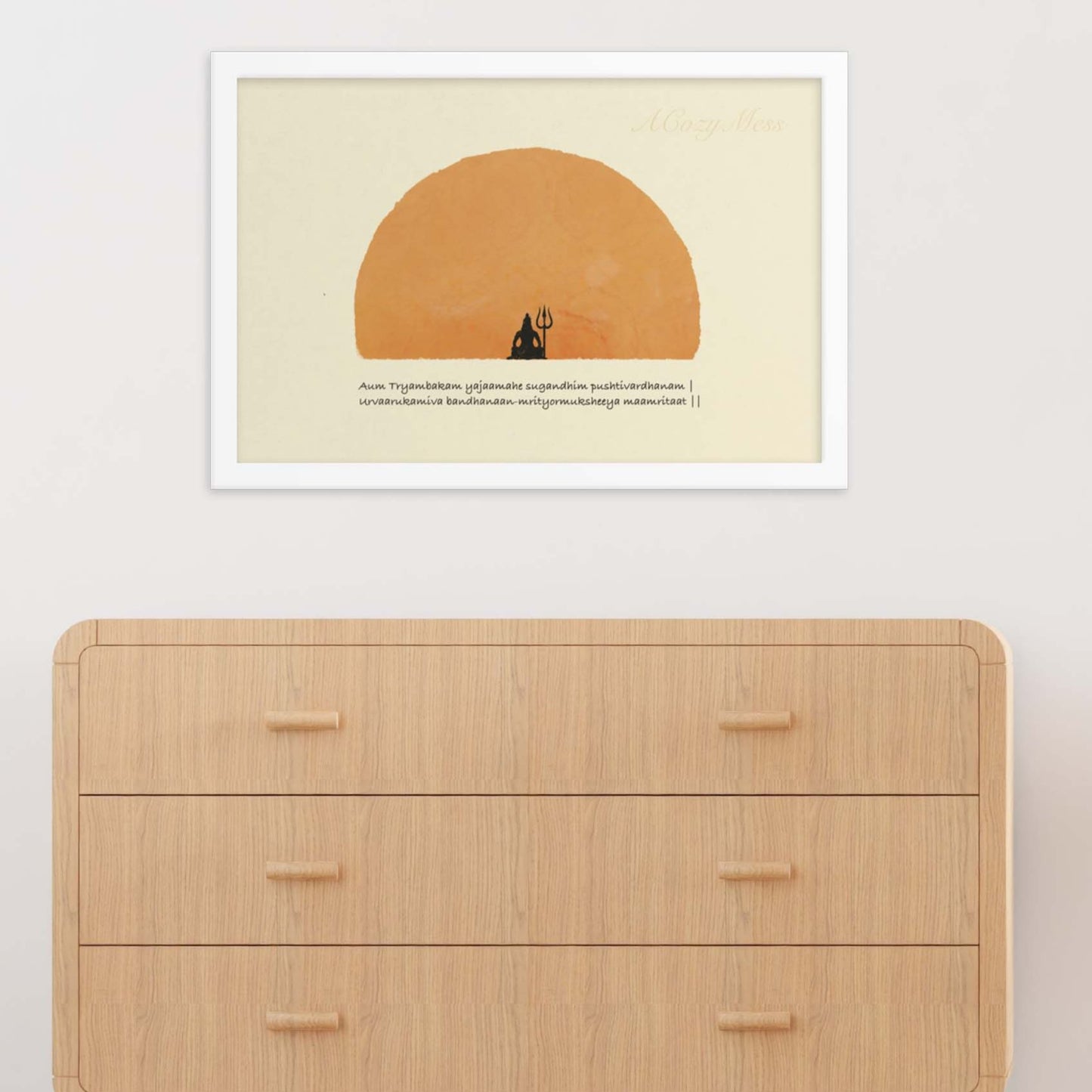 Mahamrityunjaya mantra in english with sun & Lord Shiva Illustration on beige background framed in white wood
