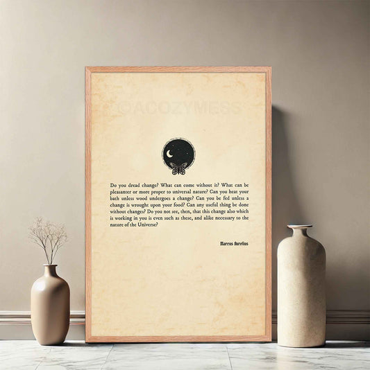 A vintage-style poster featuring a Marcus Aurelius quote on the inevitability of change, displayed on an aged paper background. The design includes a small black illustration of a butterfly and the universe, symbolizing transformation and the interconnected nature of existence, making it perfect for philosophy lovers and mindful living spaces.