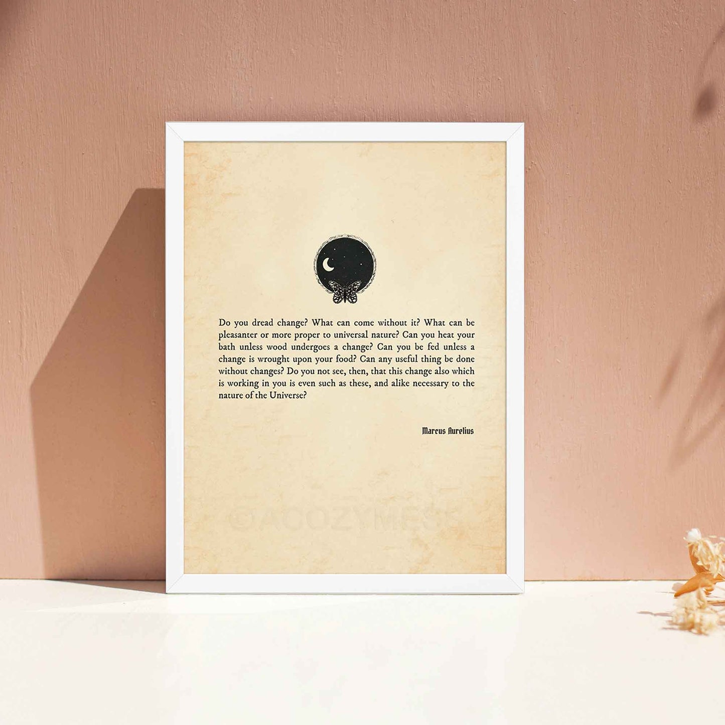 A vintage-style poster featuring a Marcus Aurelius quote on the inevitability of change, displayed on an aged paper background. The design includes a small black illustration of a butterfly and the universe, in white frame.