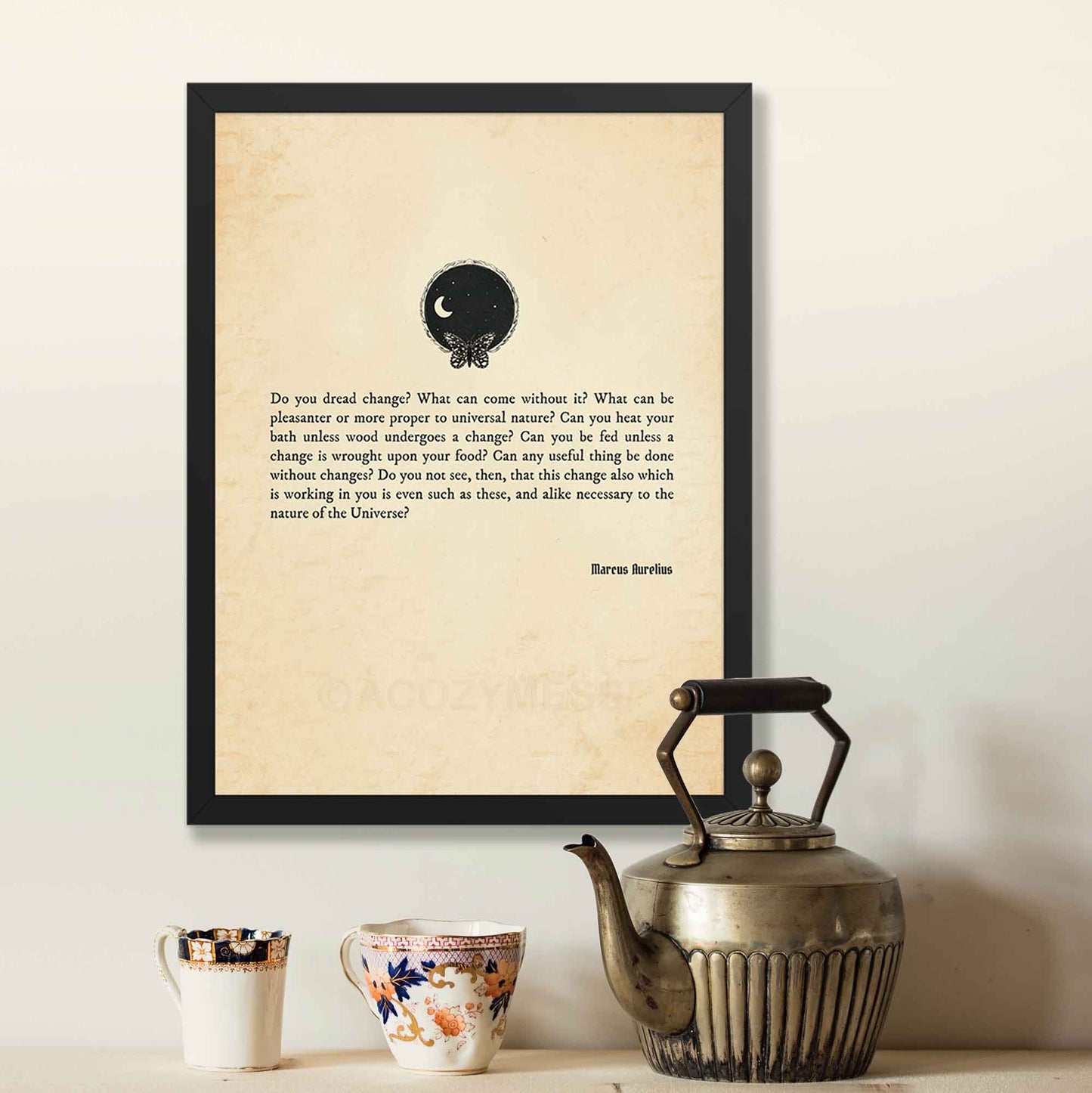 A Marcus Aurelius quote on the inevitability of change, displayed on an aged paper background. The design includes a small black illustration of a butterfly and the universe, in black frame.