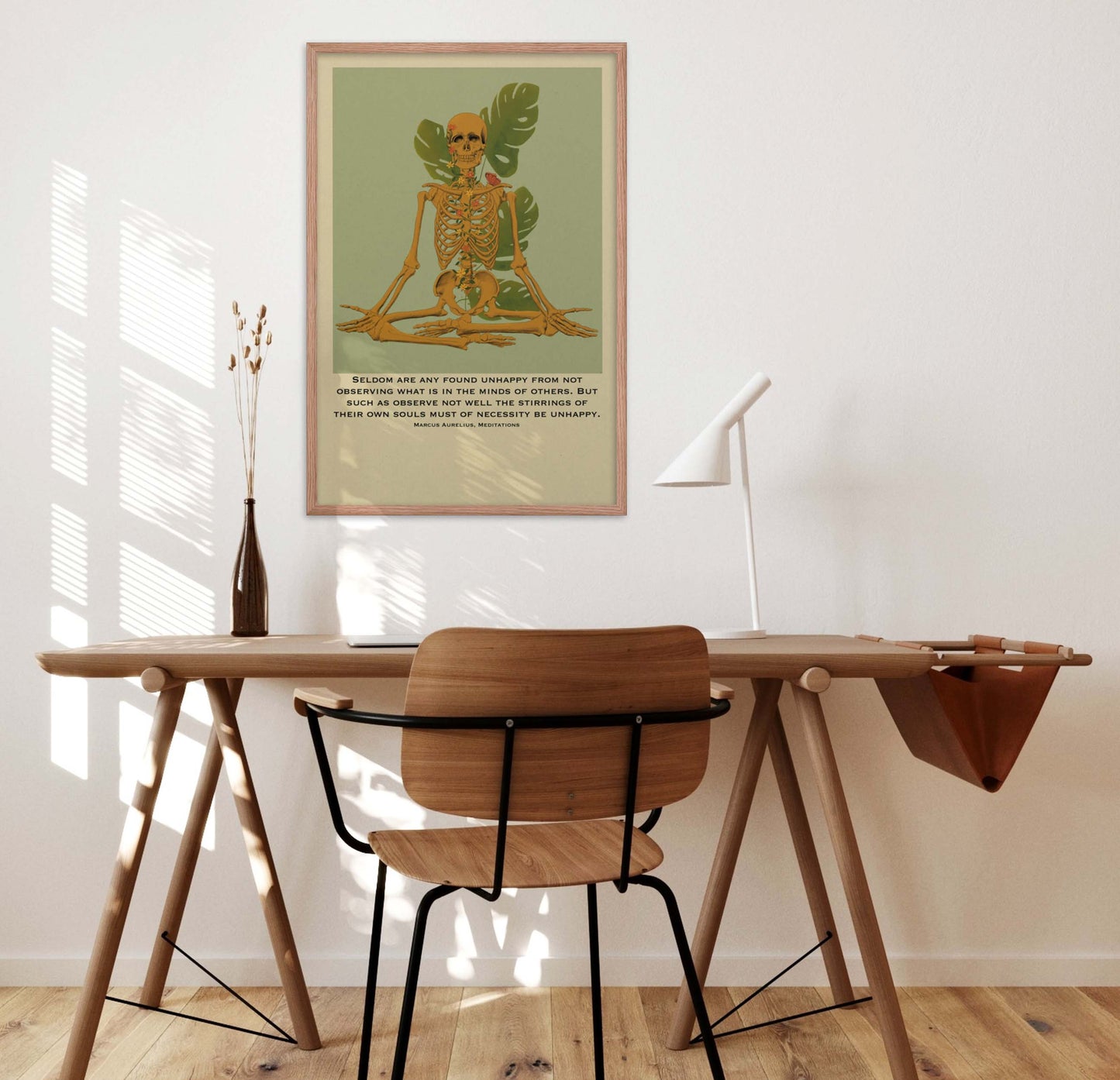 Marcus Aurelius quote meditating skeleton art poster in oak frame