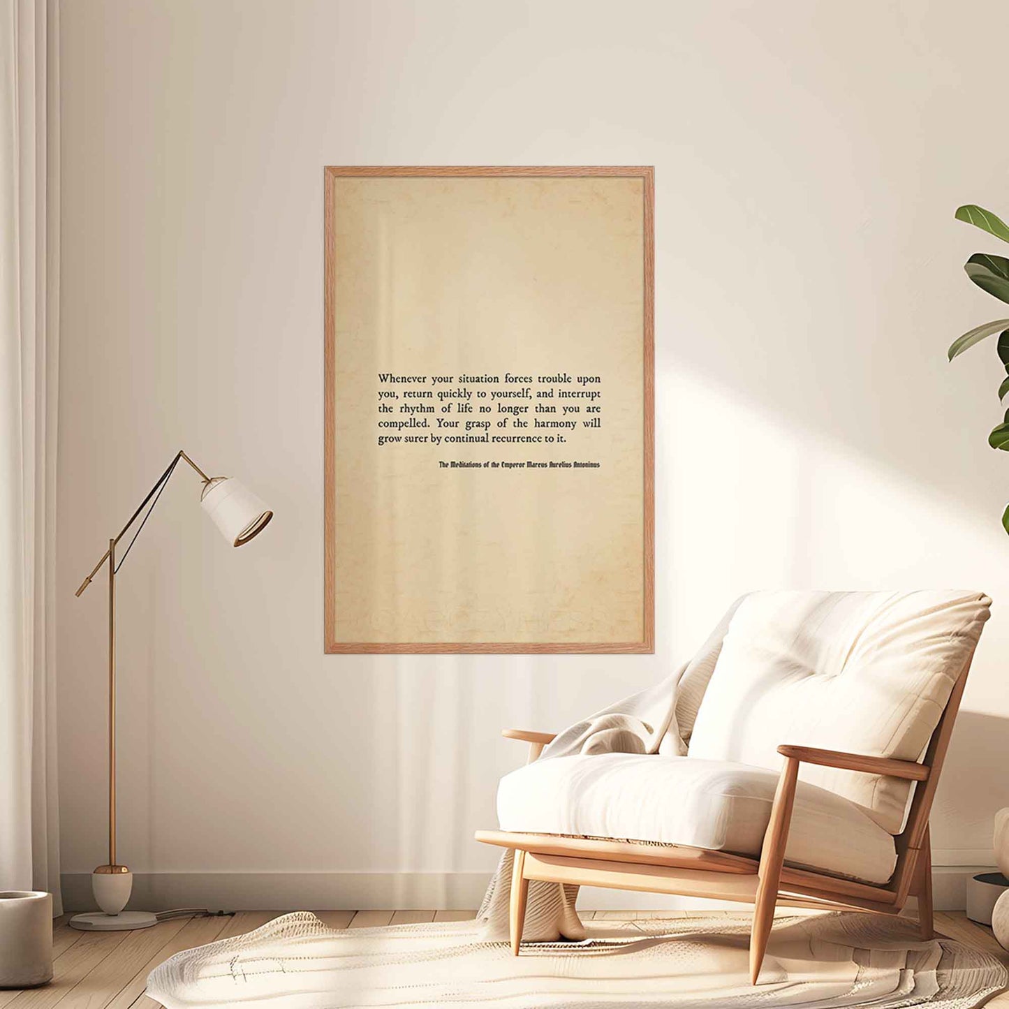 A stoic poster featuring a Marcus Aurelius quote, Whenever your situation forces trouble upon you, return quickly to yourself... displayed on an aged, bookish paper background in an oakwood frame.
