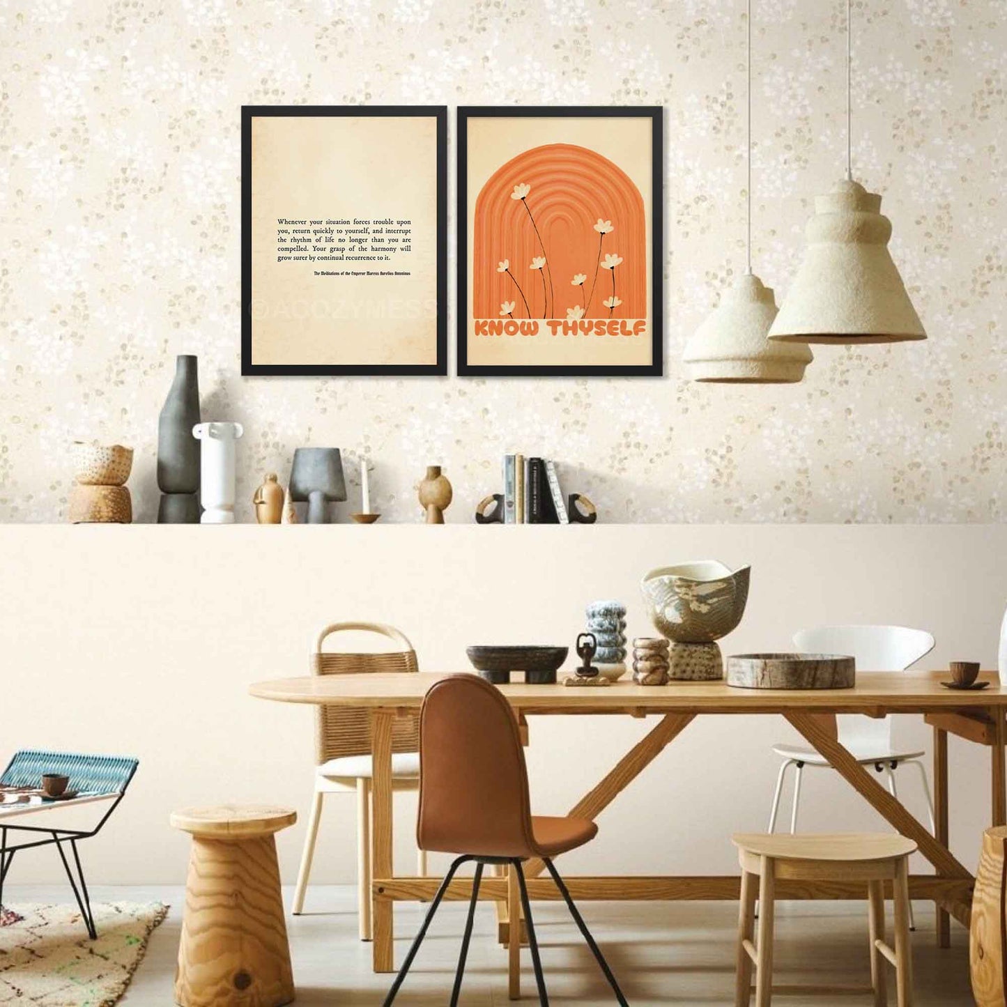 A stoic poster featuring a Marcus Aurelius quote, Whenever your situation forces trouble upon you, return quickly to yourself... displayed on an aged, bookish paper background in a black frame.