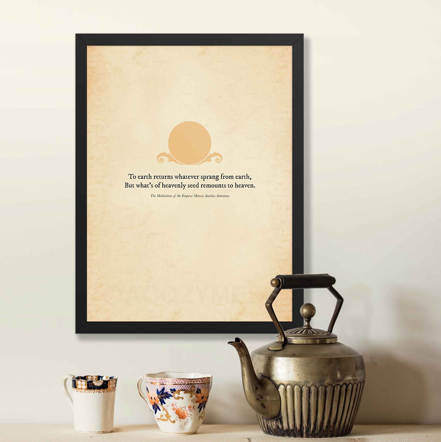 A stoicism wall art poster featuring a Marcus Aurelius quote, To earth returns whatever sprang from earth...The design includes elegant typography on an aged paper background in black frame.