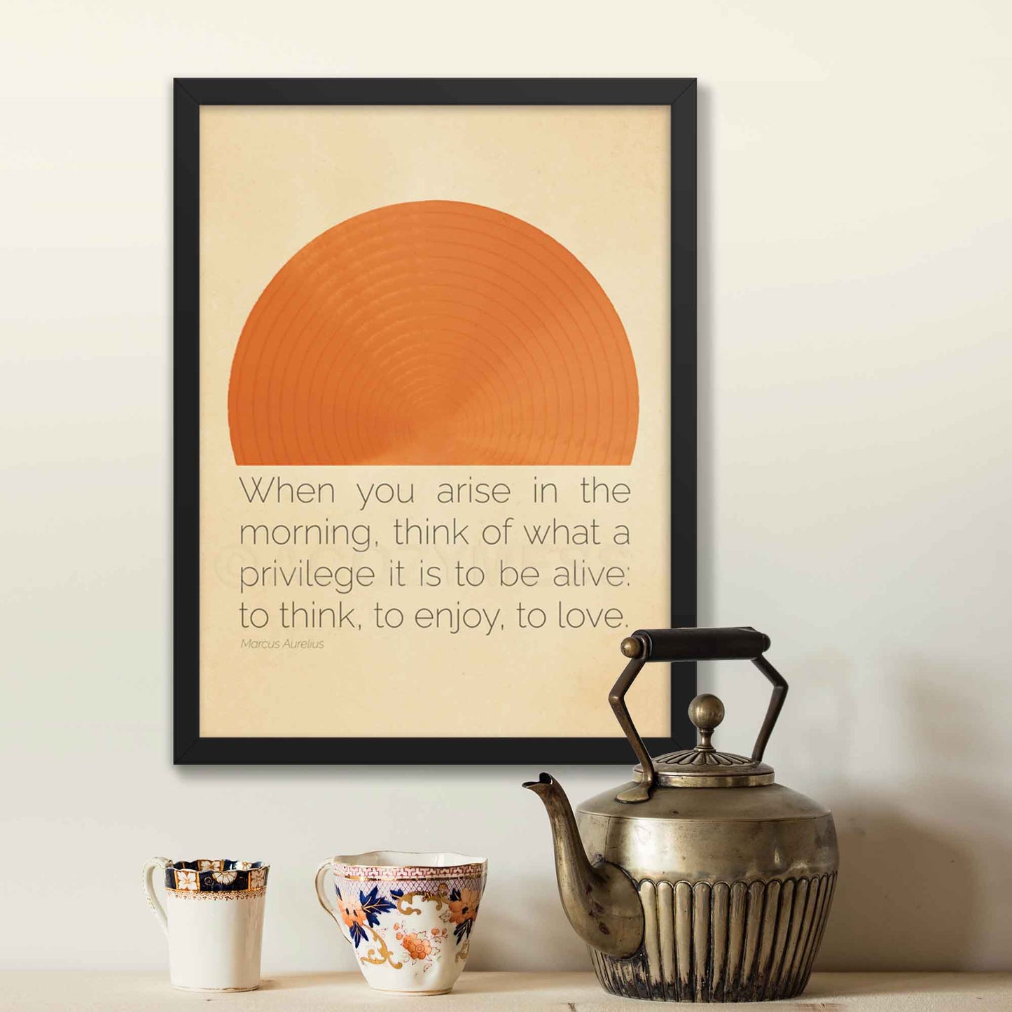 Marcus Aurelius poster featuring - When you arise in the morning, think of what a privilege it is to be alive, with an abstract sun design in a minimalist style, perfect for home or office decor in black frame.