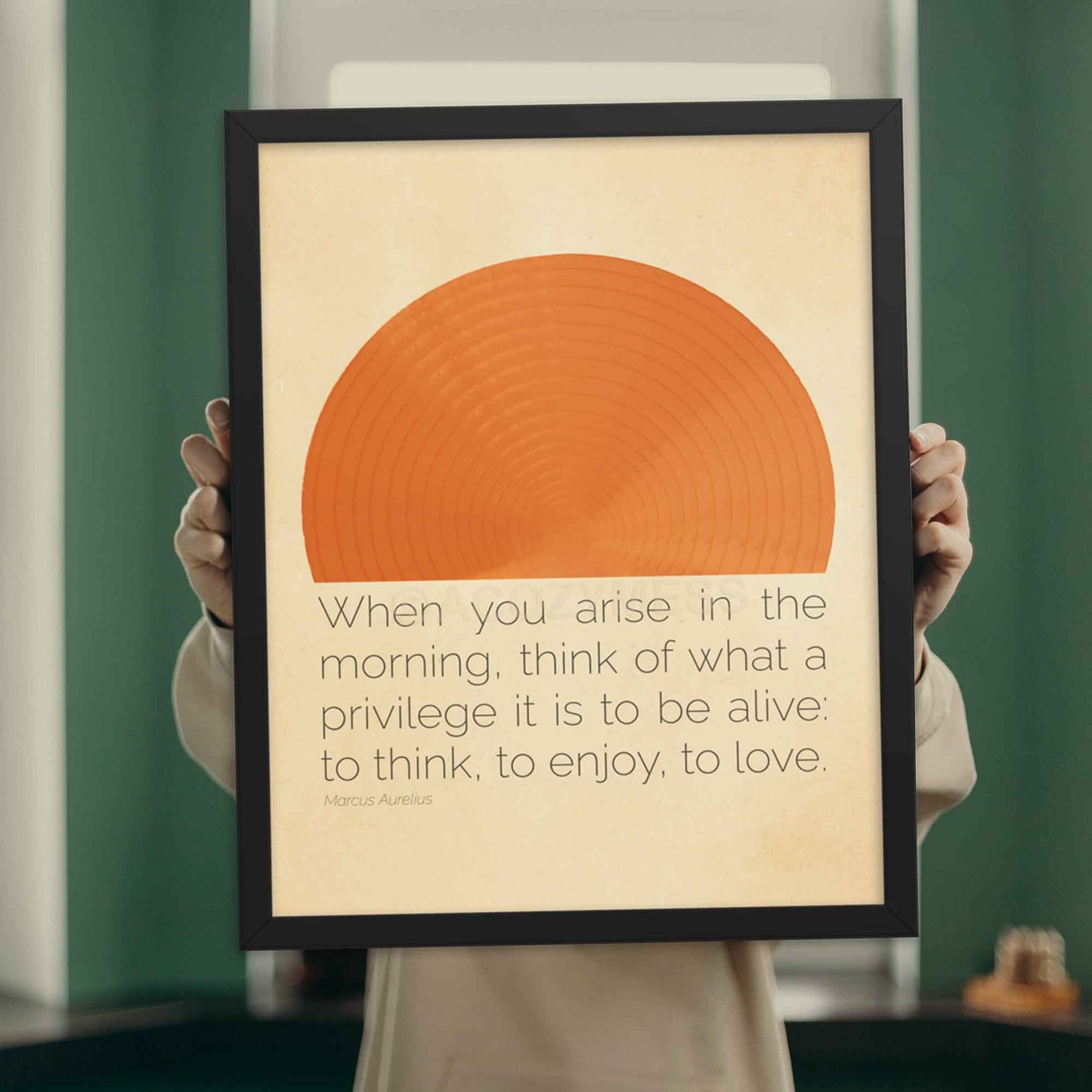 Stoic poster featuring Marcus Aurelius quote - When you arise in the morning, think of what a privilege it is to be alive, with an abstract sun design in a minimalist style, perfect for home or office decor in black frame.