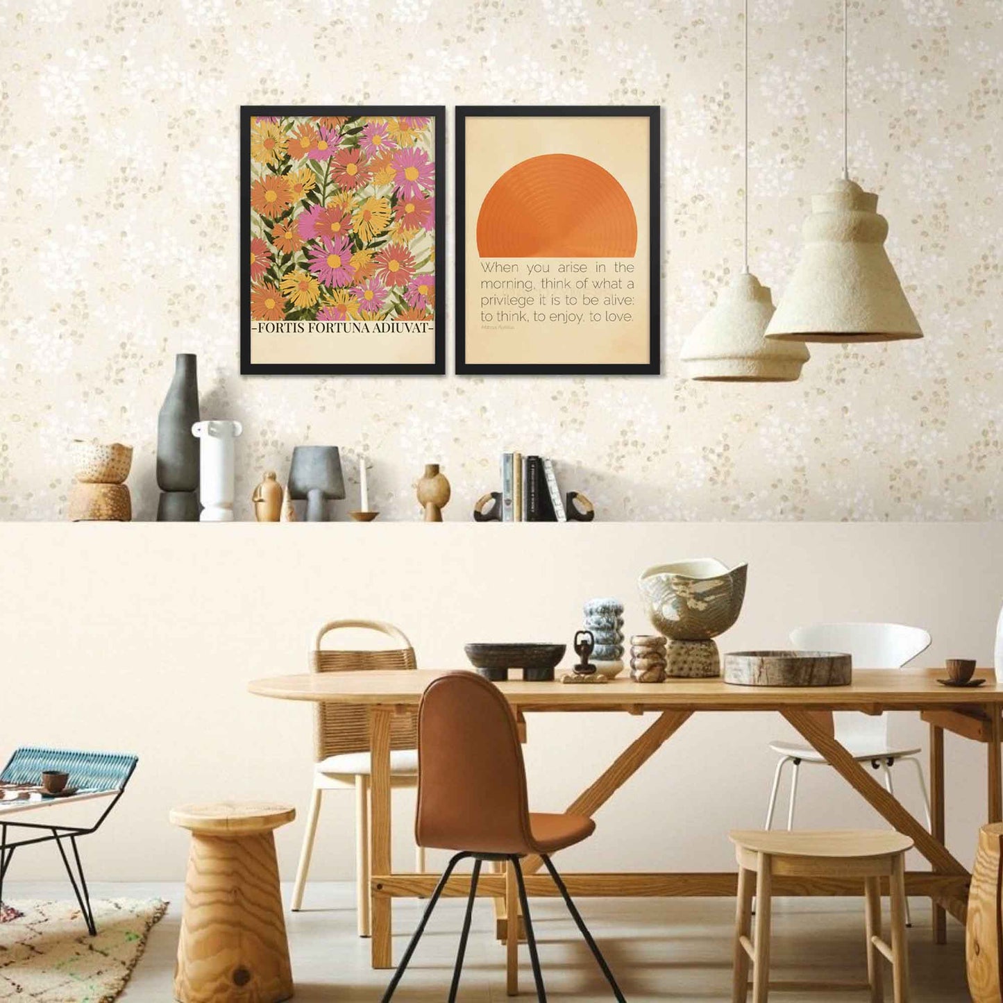Marcus Aurelius quote poster featuring - When you arise in the morning, think of what a privilege it is to be alive, with an abstract sun design in a minimalist style, perfect for home or office decor in black frame.