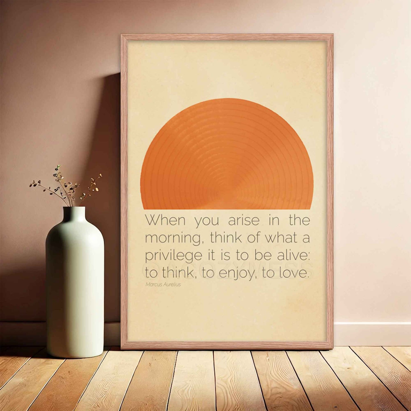 Marcus Aurelius quote poster featuring - When you arise in the morning, think of what a privilege it is to be alive, with an abstract sun design in a minimalist style, perfect for home or office decor in oakwood frame.