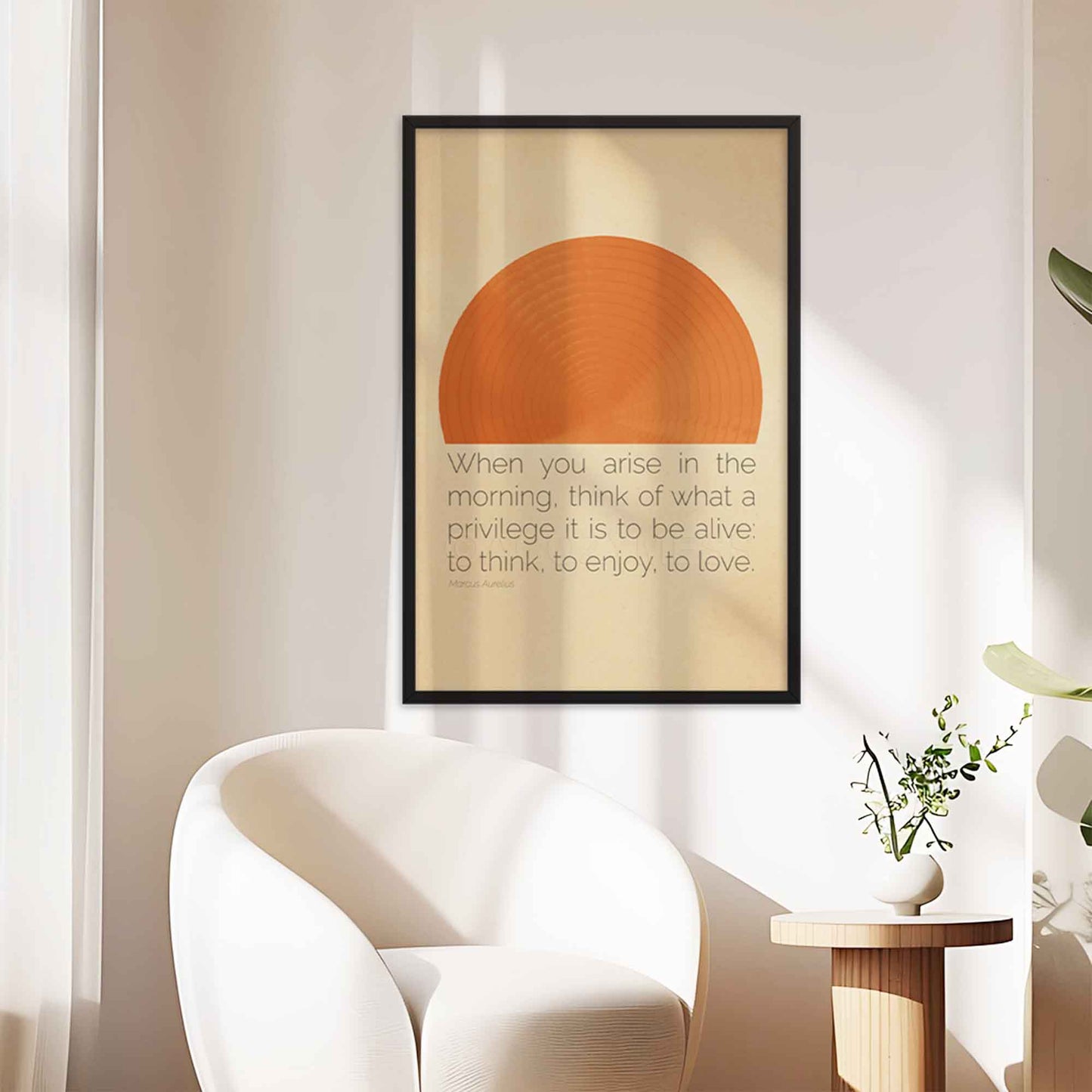 Stoic poster featuring Marcus Aurelius quote - When you arise in the morning, think of what a privilege it is to be alive, with an abstract sun design in a minimalist style, framed in black