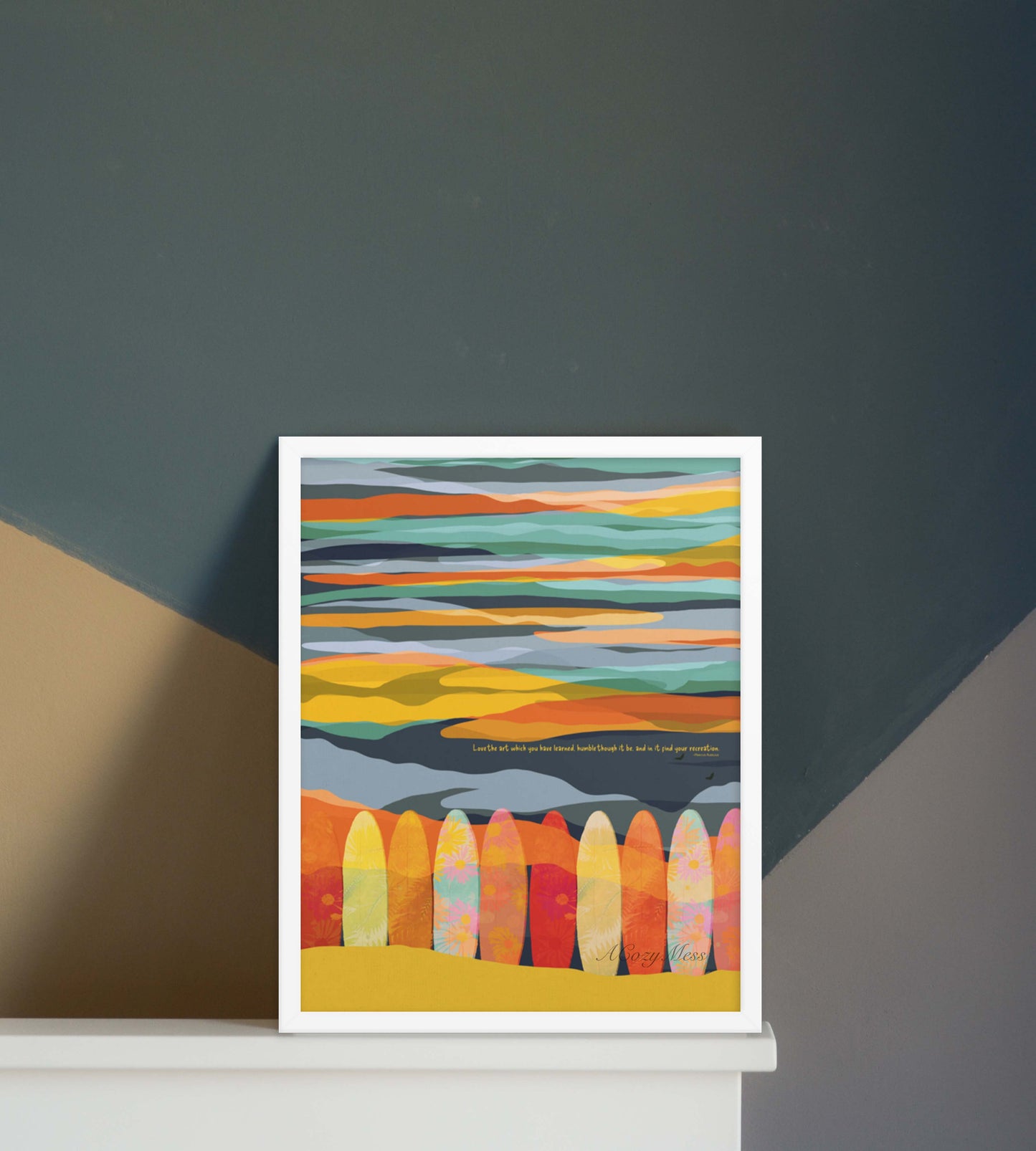 Colorful sky & surfing board illustration with marcus auerlius quote on love of ones's art in white frame.