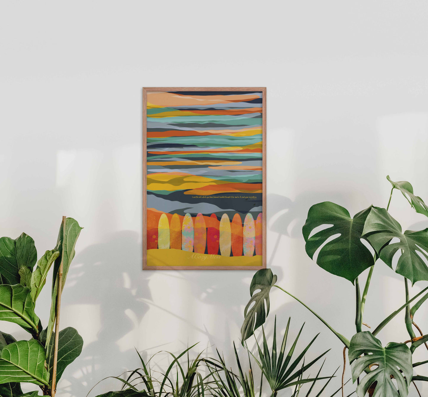 Colorful sky & surfing board illustration with marcus auerlius quote on love of ones's art in oak frame.