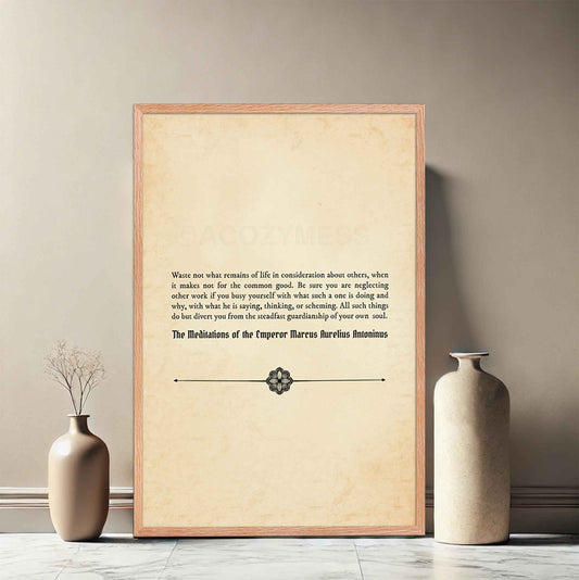 A vintage-style poster featuring a Marcus Aurelius quote on an aged book paper background in an oakwood frame.