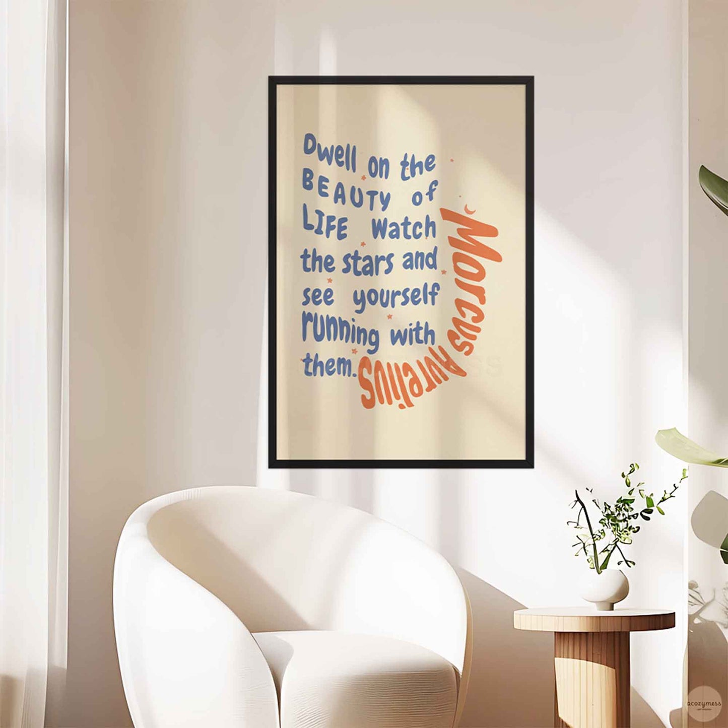 Marcus Aurelius poster in beige, blue and orange colors displayed in black frame
