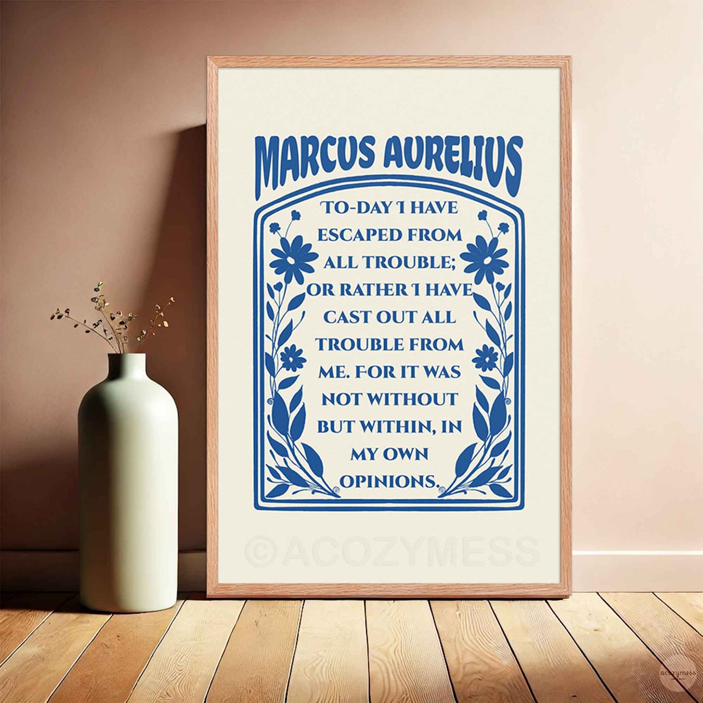 Marcus Aurelius Poster dark blue on cream with floral design, in oakwood frame.