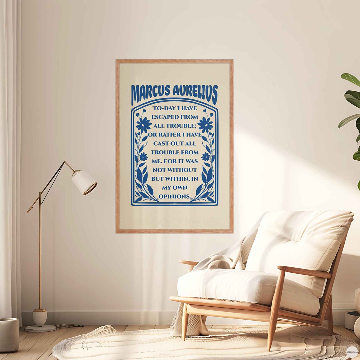 Marcus Aurelius Poster dark blue on cream with floral design, in oakwood frame for mindful decor