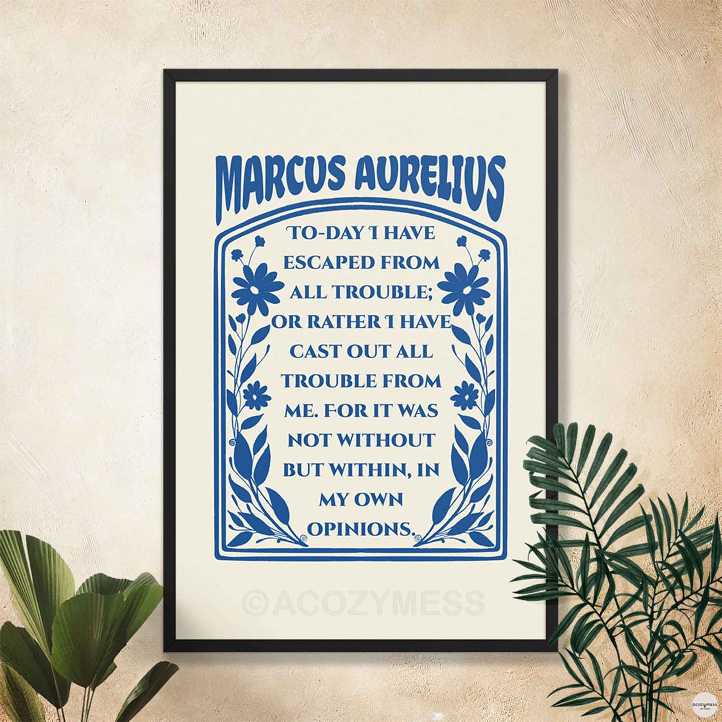 Marcus Aurelius Poster dark blue on cream with floral design, in black frame.