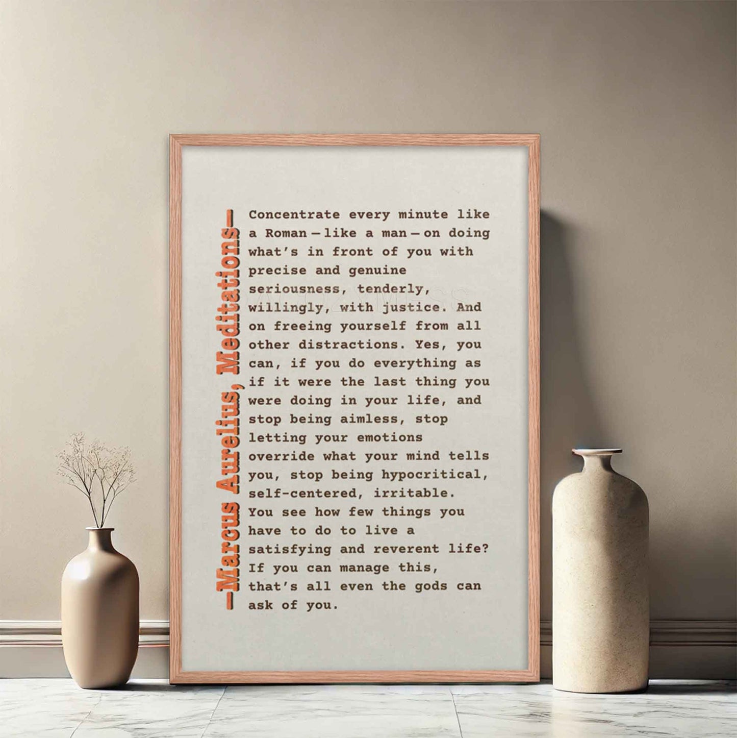 Be Like Roman, Marcus Aurelius Poster, brown, orange on beige displayed in red oak frame