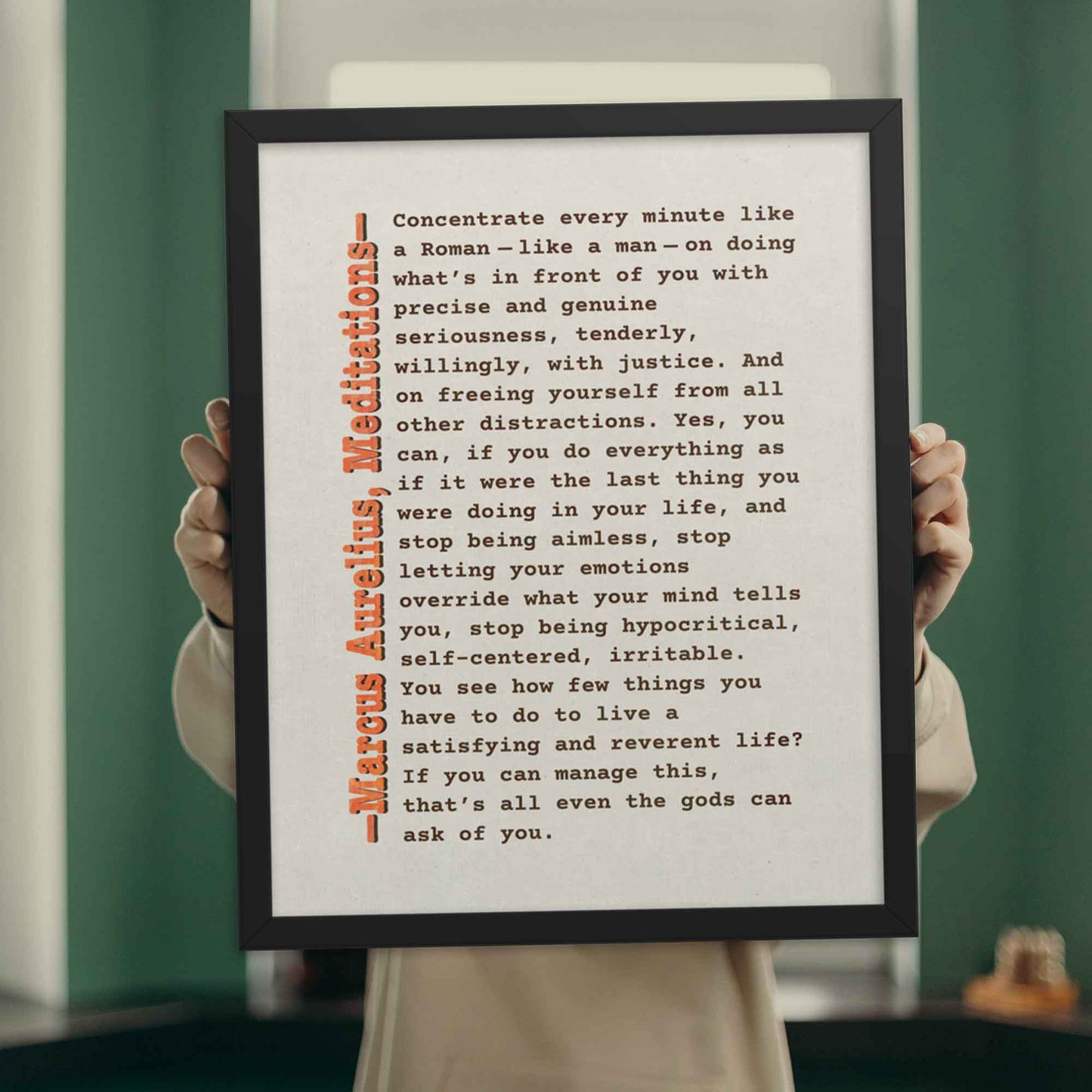 Be Like Roman, Marcus Aurelius Poster, brown, orange on beige displayed in black frame