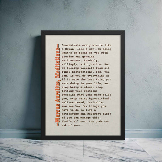 Be Like Roman, Marcus Aurelius Poster, brown, orange on beige displayed in black frame
