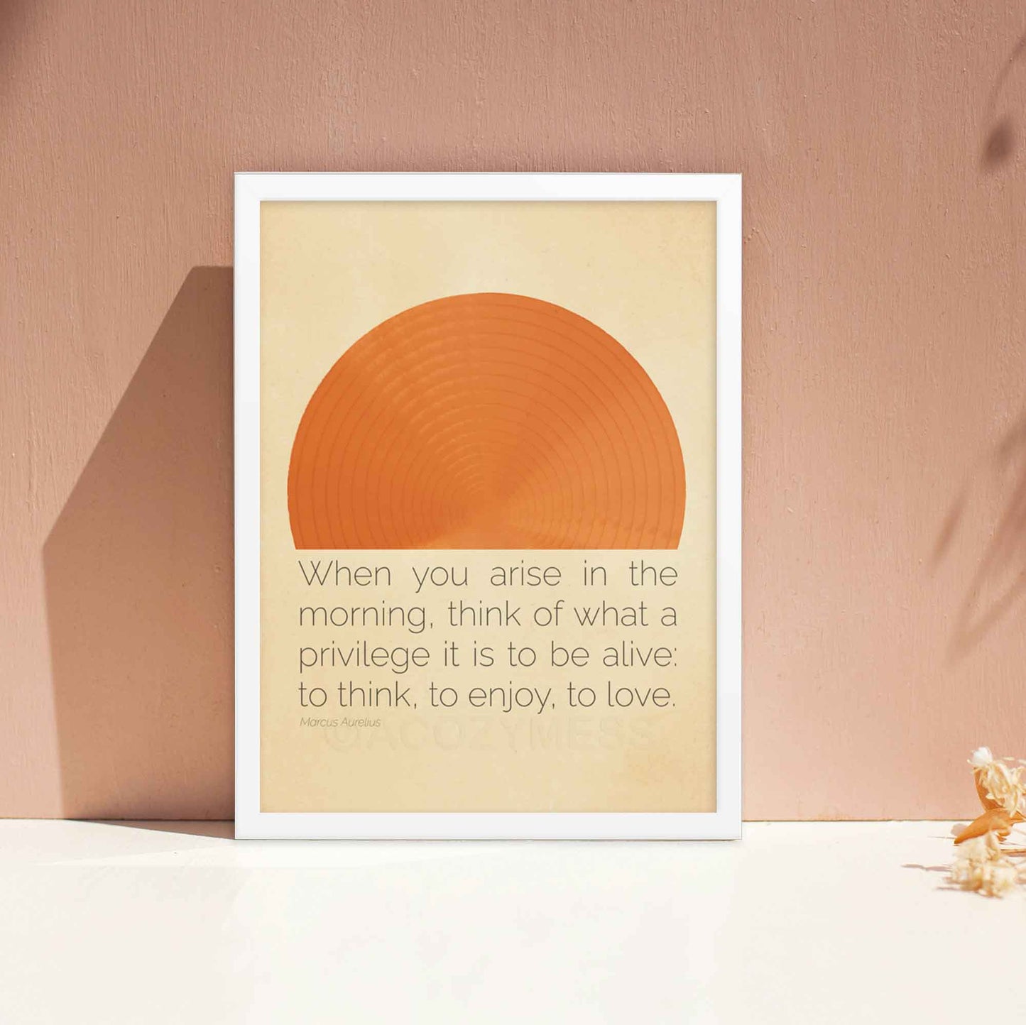 Stoic wall art featuring Marcus Aurelius quote - When you arise in the morning, think of what a privilege it is to be alive, with an abstract sun design in a minimalist style, perfect for home or office decor in white frame.