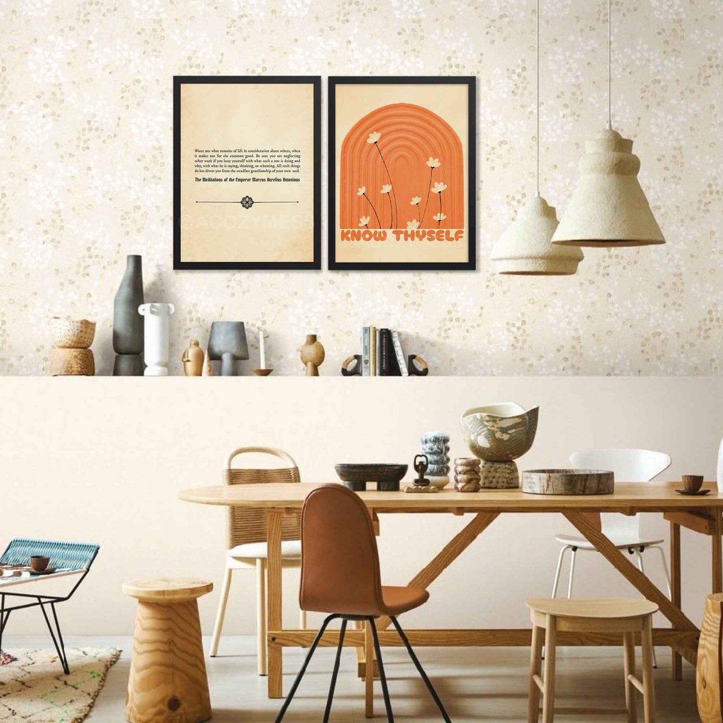 A vintage-style stoicism poster featuring a Marcus Aurelius quote on an aged book paper background in black frame.