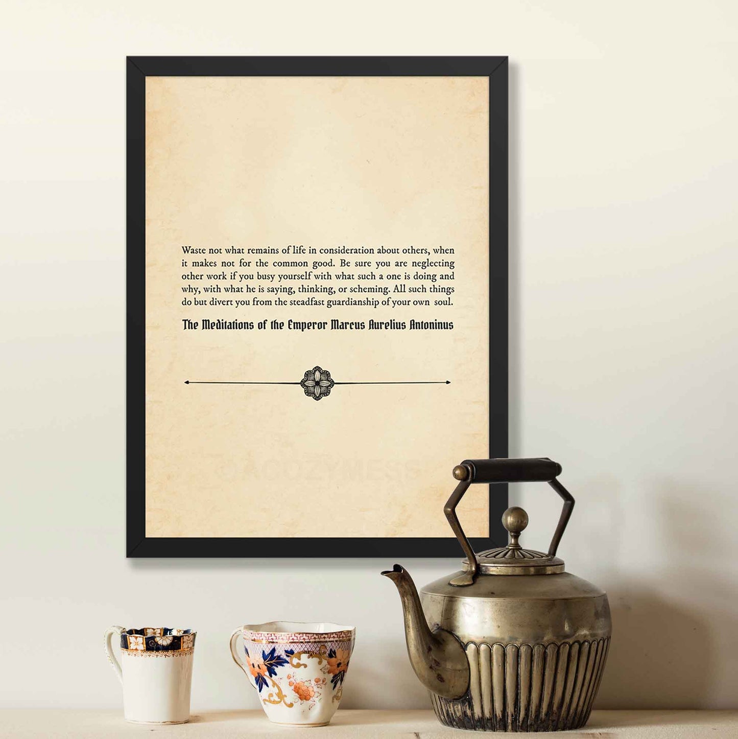 A philosophy poster featuring a Marcus Aurelius quote on an aged book paper background.