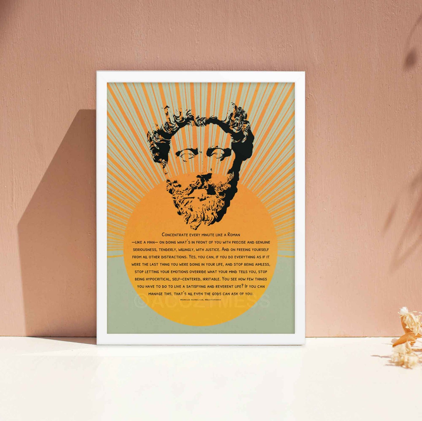 Stoic Poster with quote on Be like a roman, with Marcus Aurelius portrait in blue, black and yellow colors in white frame