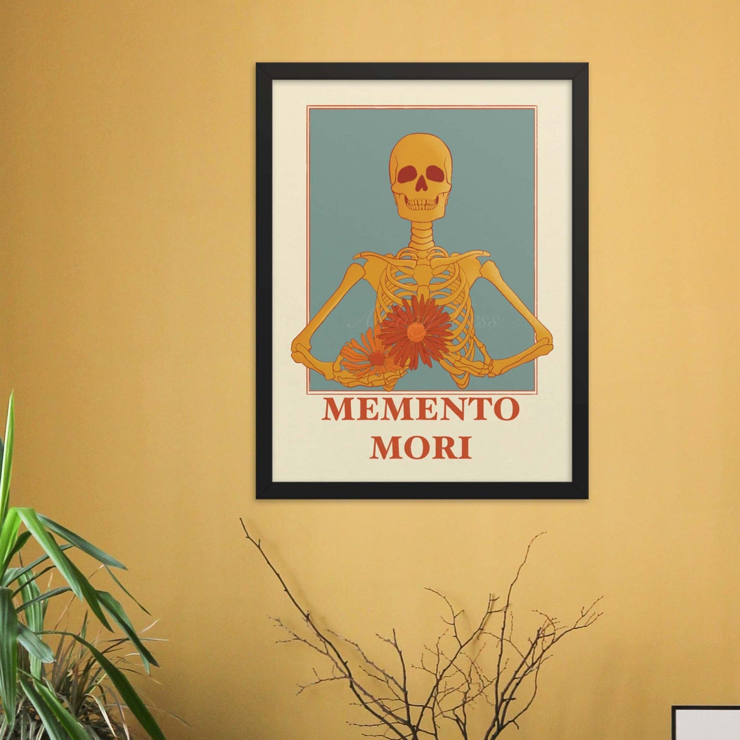 A memento mori art piece in beige blue, yellow & orange hues, featuring a skeleton carrying colorful flowers in black frame