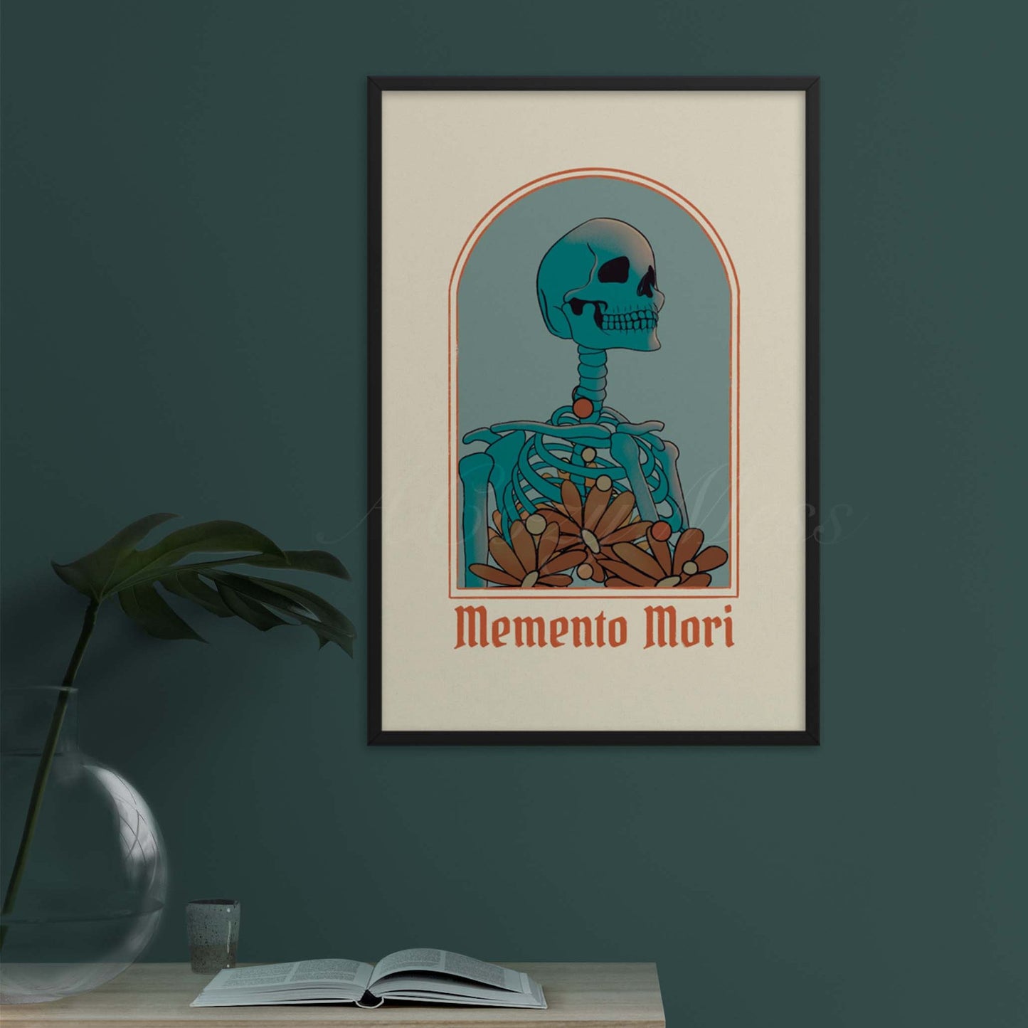 An art poster featuring a striking skeleton illustration with the words 'Memento Mori,' inviting reflection on mortality and the transient nature of life in blue, beige & orange hues. The print is framed in black frame.