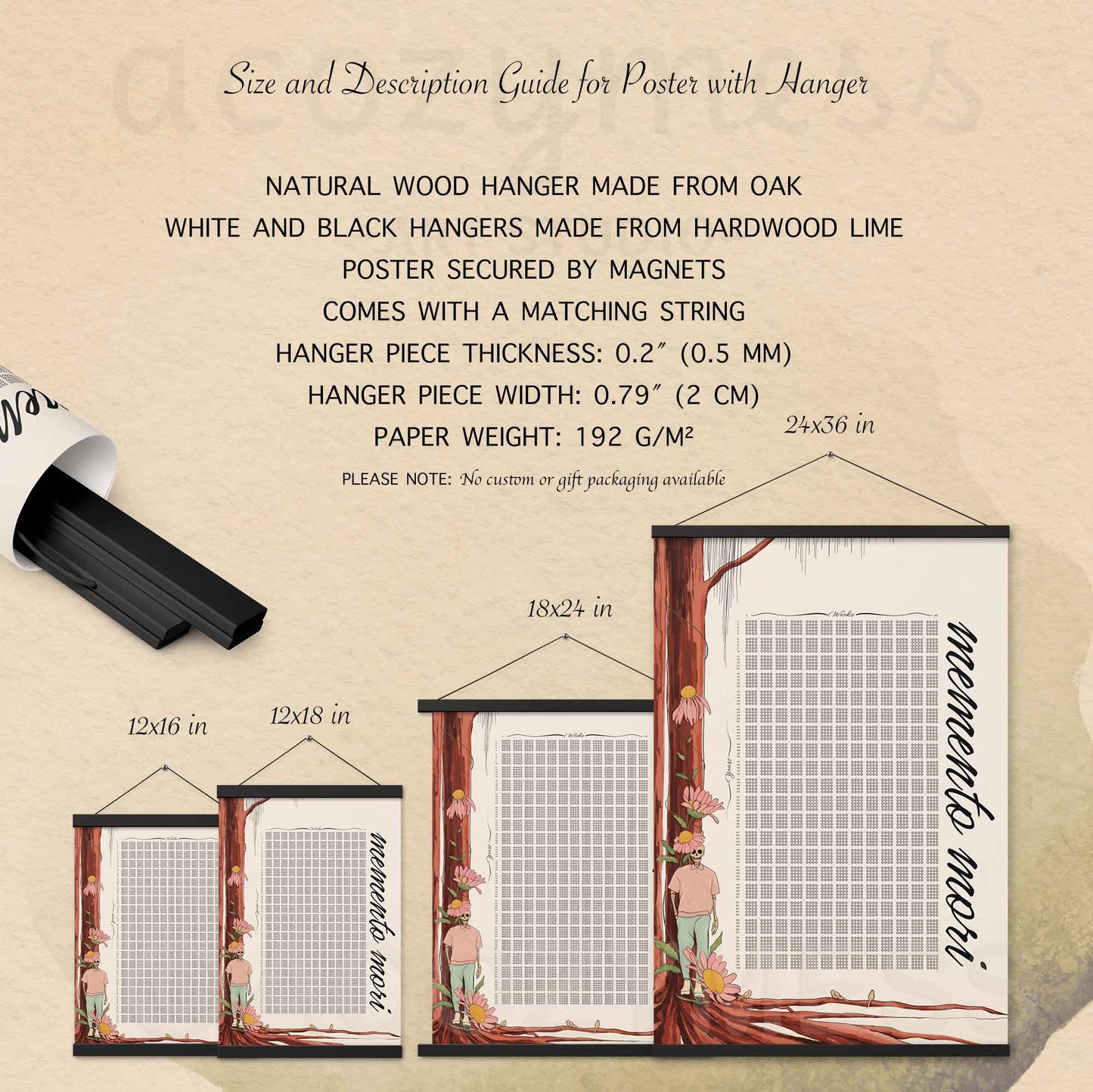 Size and description guide for life in weeks calendar