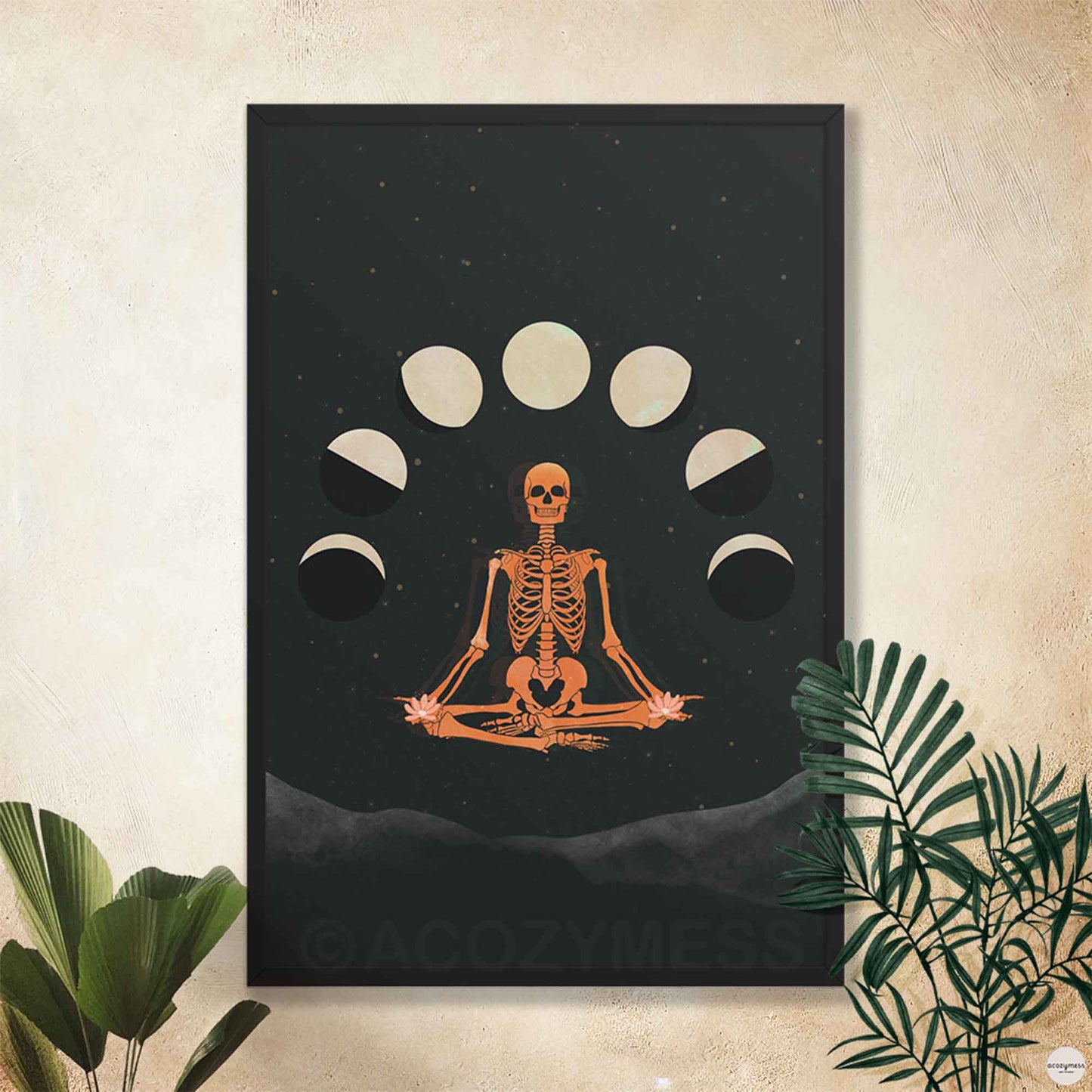24x36 Spiritual skeleton wall art poster with moon cycles in black frame, adding contrast and depth to the dark celestial theme.