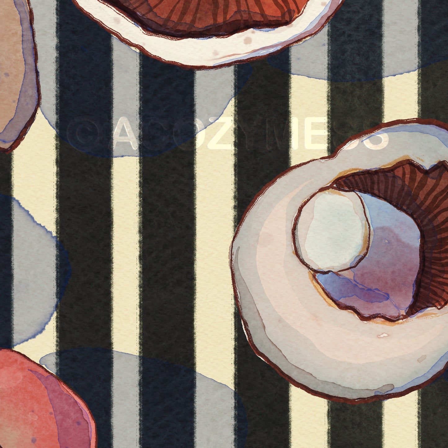 Close-up of mushroom art with a striped pattern in the background