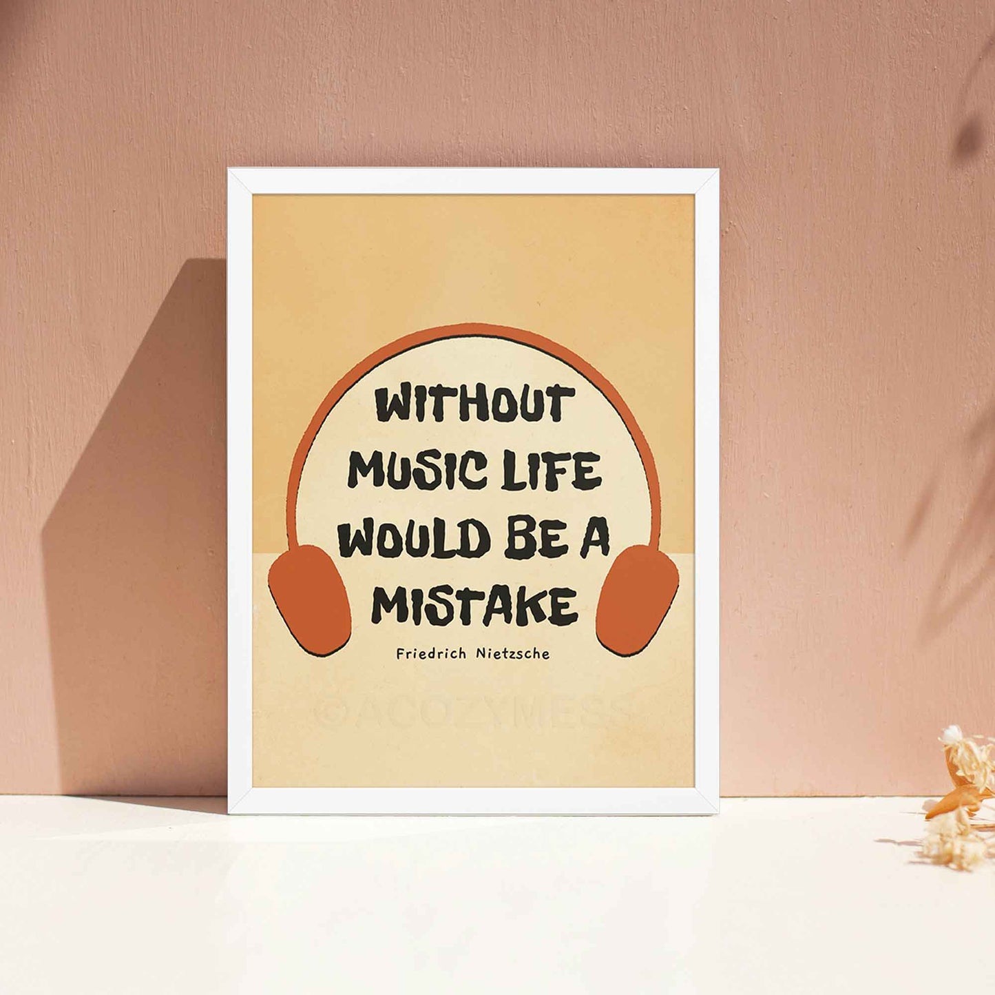 For music lovers wall poster featuring the Friedrich Nietzsche quote, Without music, life would be a mistake, in white frame.