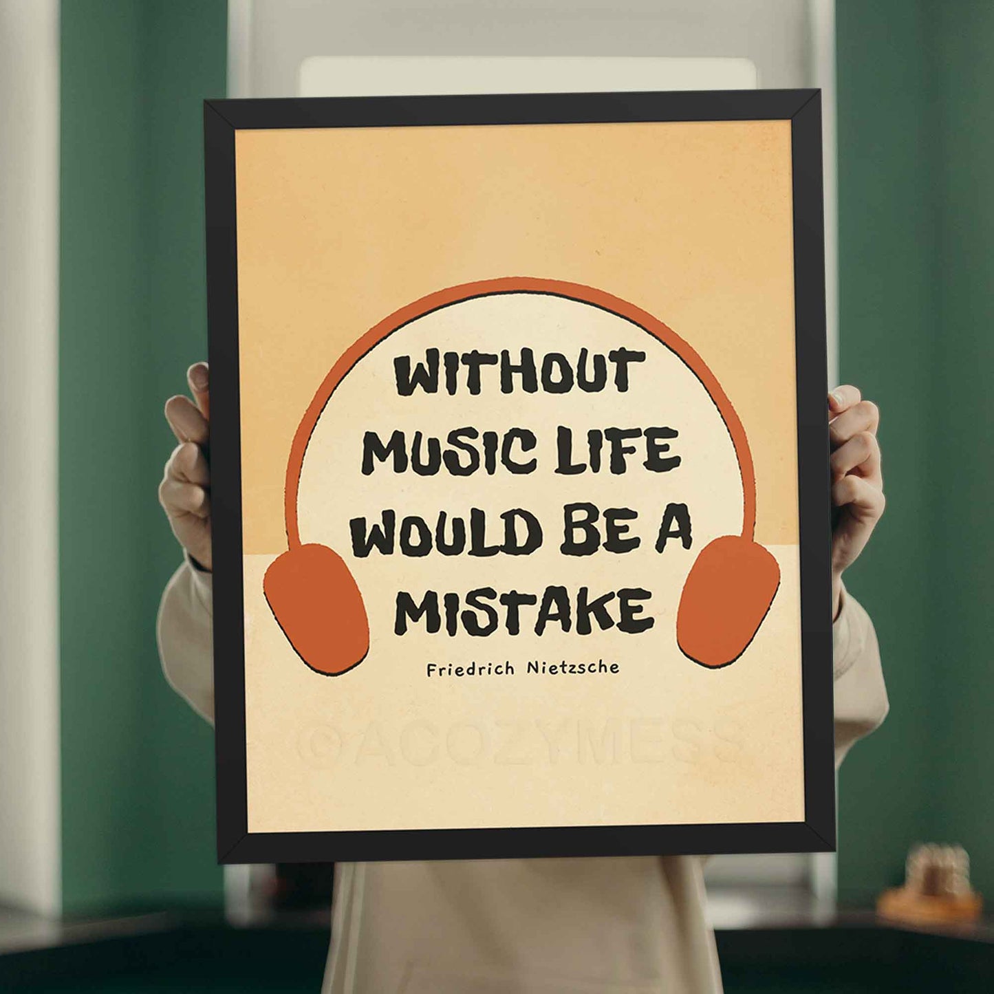 Music quote wall poster featuring the Friedrich Nietzsche quote, Without music, life would be a mistake, in black frame