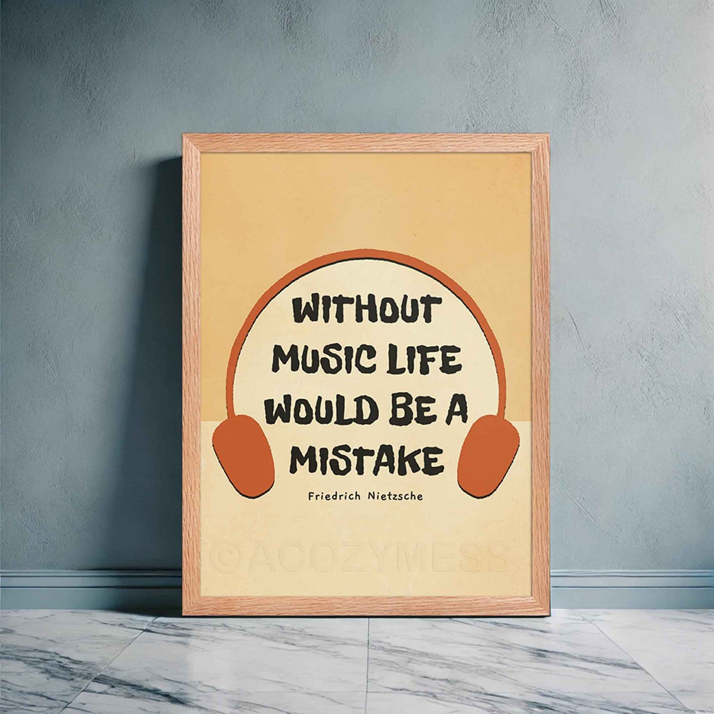 Music poster featuring the Friedrich Nietzsche quote, Without music, life would be a mistake, in oakwood frame.
