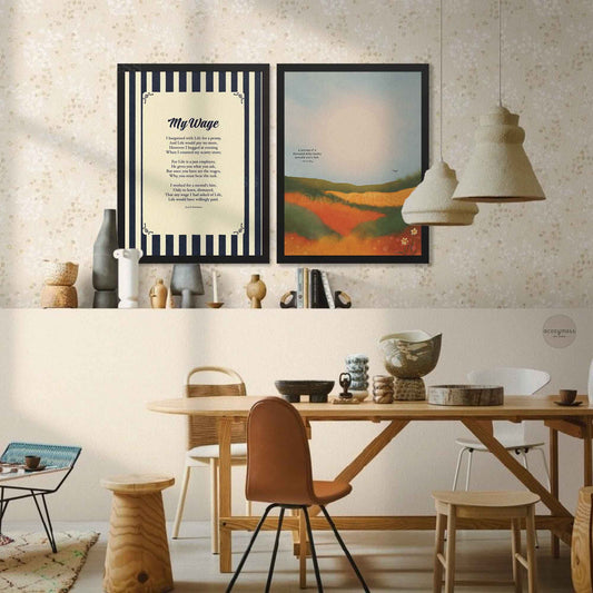 Black framed literary poem print “My Wage” with calm blue and beige stripe artwork.