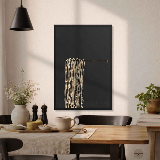 Dining room with a black wall art piece featuring noodles art above a wooden table.