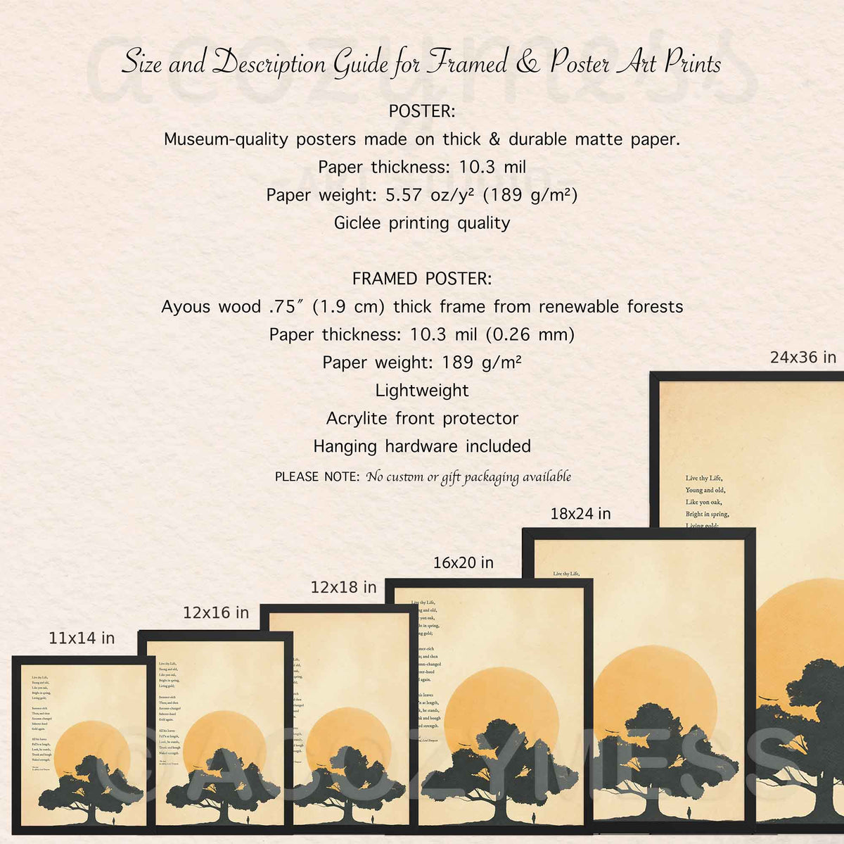 Size and description details for Th eoak poem print.