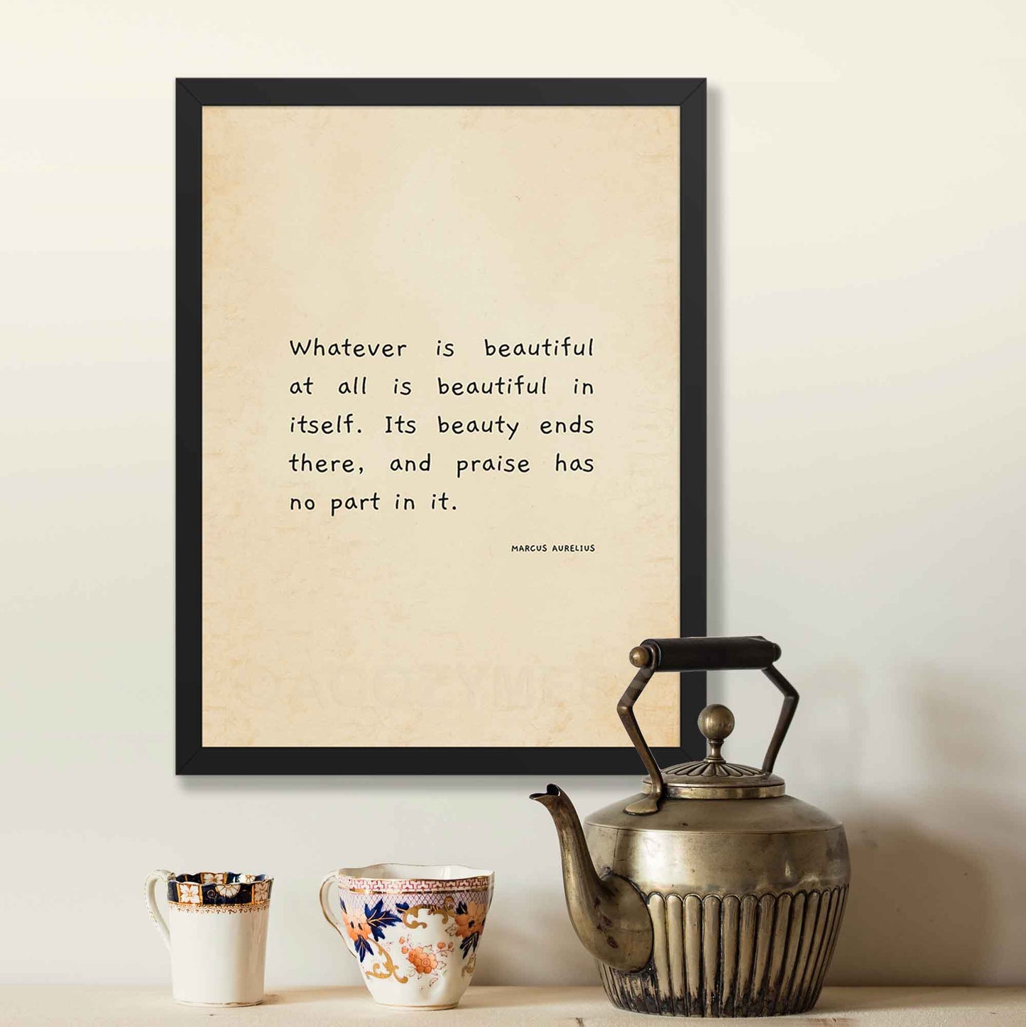 Marcus Aurelius poster beige old paper in black frame.