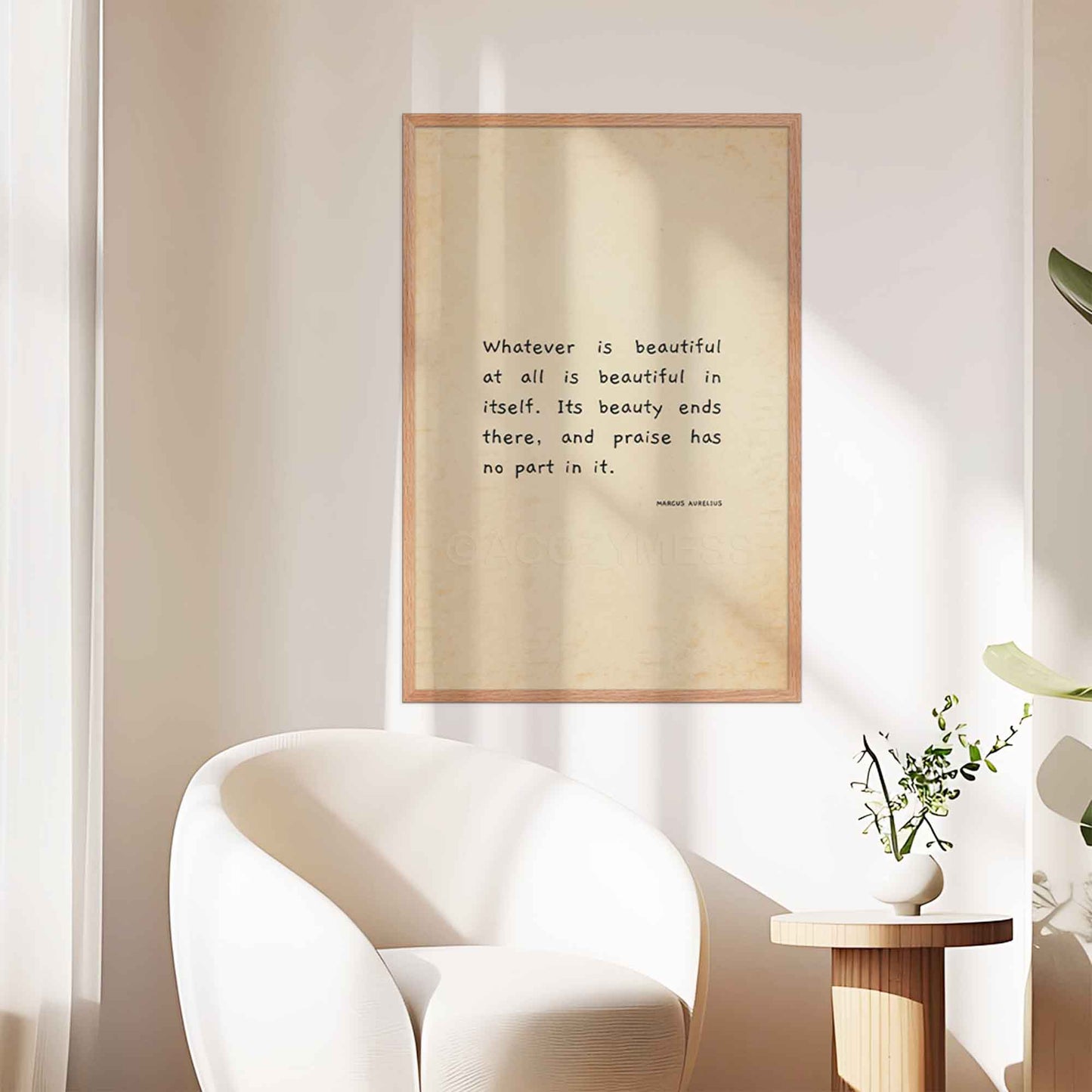 Marcus Aurelius on beauty quote poster in oakwood frame.
