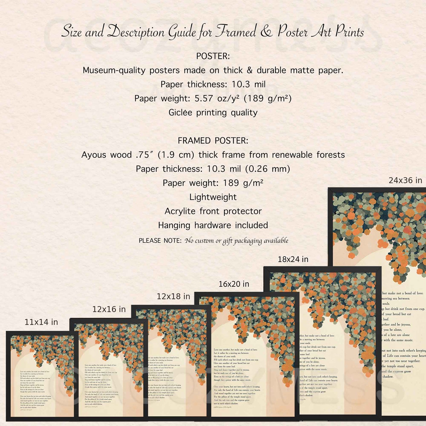 A size and description guide for framed and poster art prints, showing text specifications and a series of framed print previews with dimensions labeled 11x14 in, 12x16 in, 12x18 in, 16x20 in, 18x24 in, and 24x36.