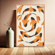 Art mural poissons koï – Poissons abstraits fluides en noir et orange sur fond beige