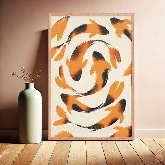 Oakwood framed version of the koi fish wall art print.