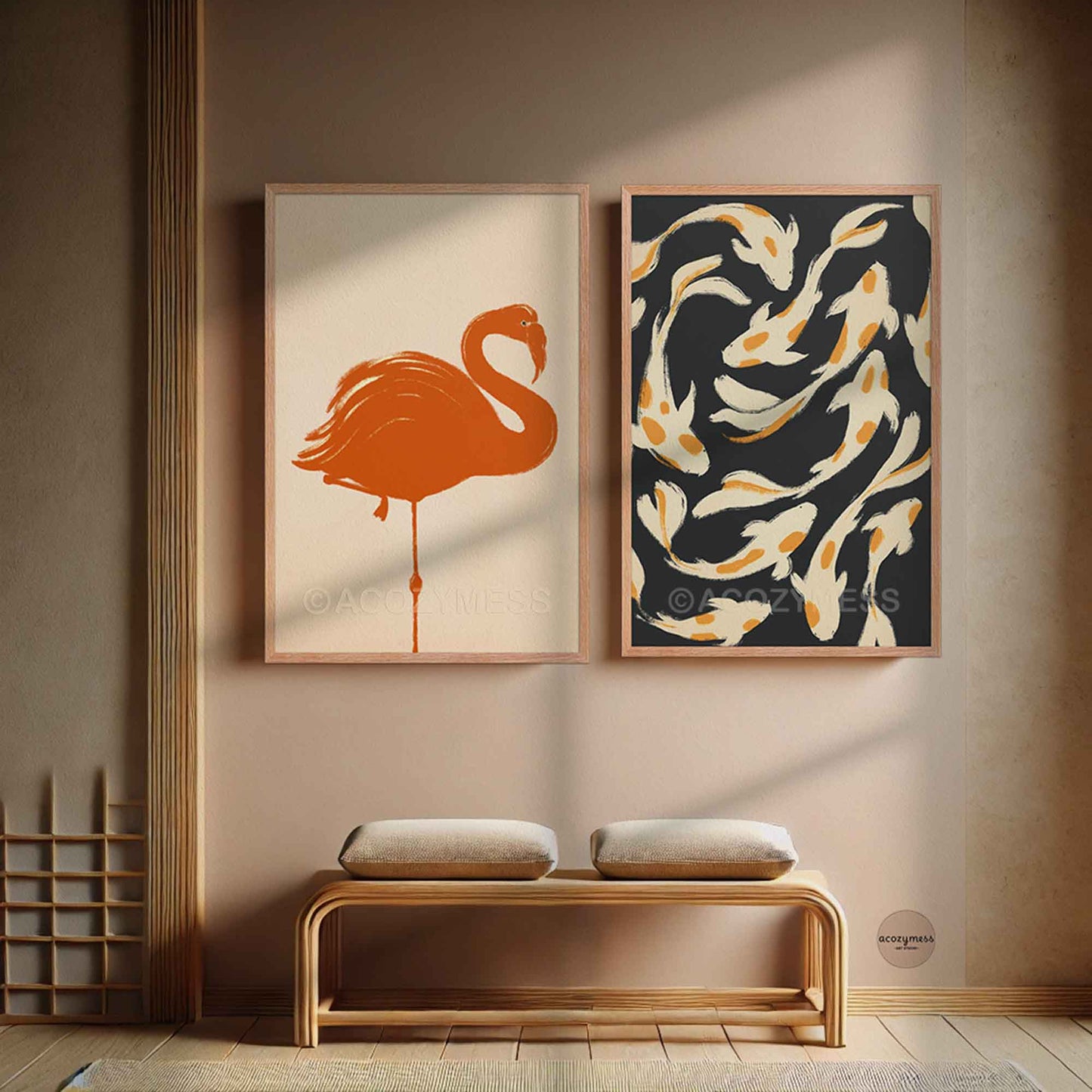 Two oakwood framed artworks on a wall of bright orange flamingo and beige and white koi fish