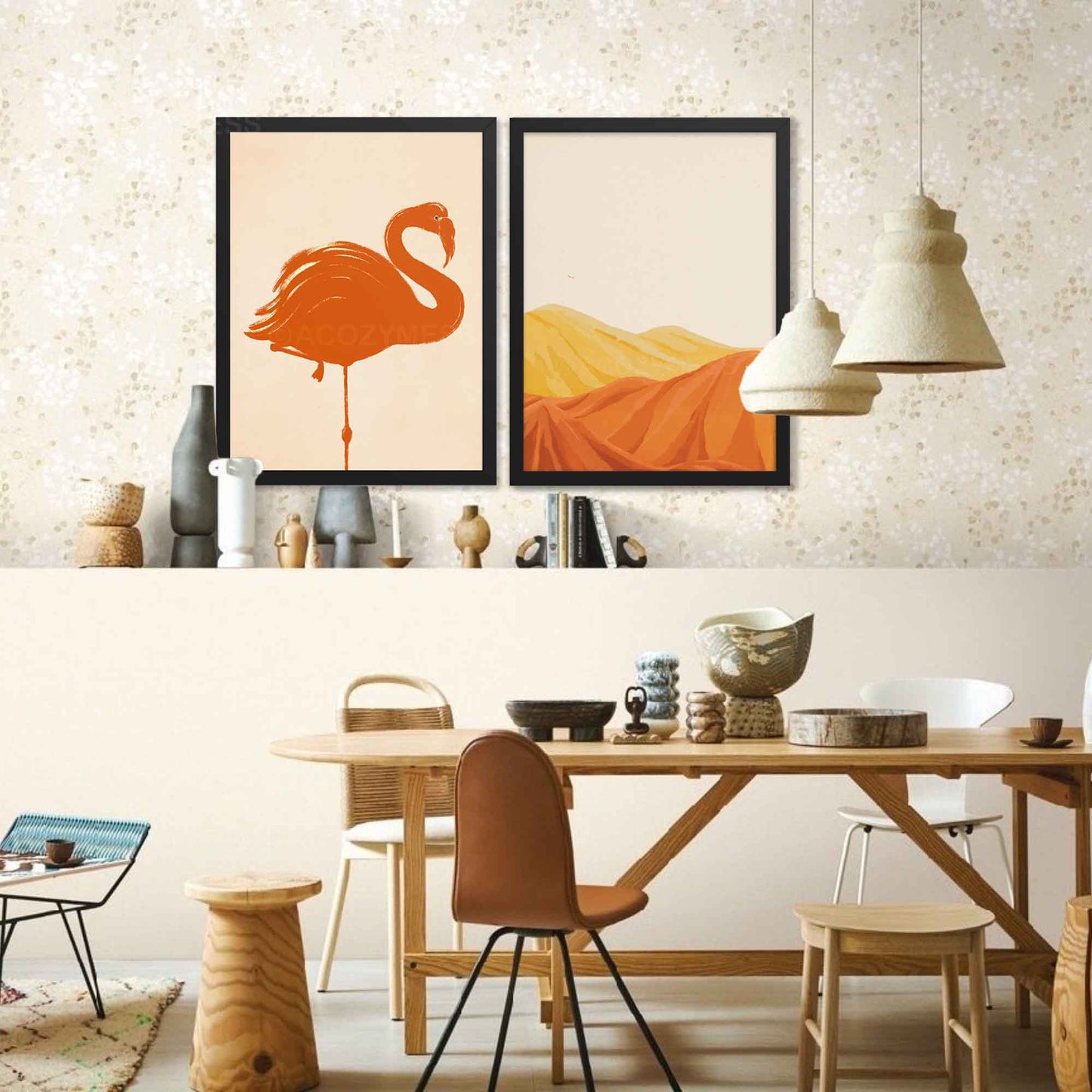 Dining room wall art of flamingo and landscape in black frames